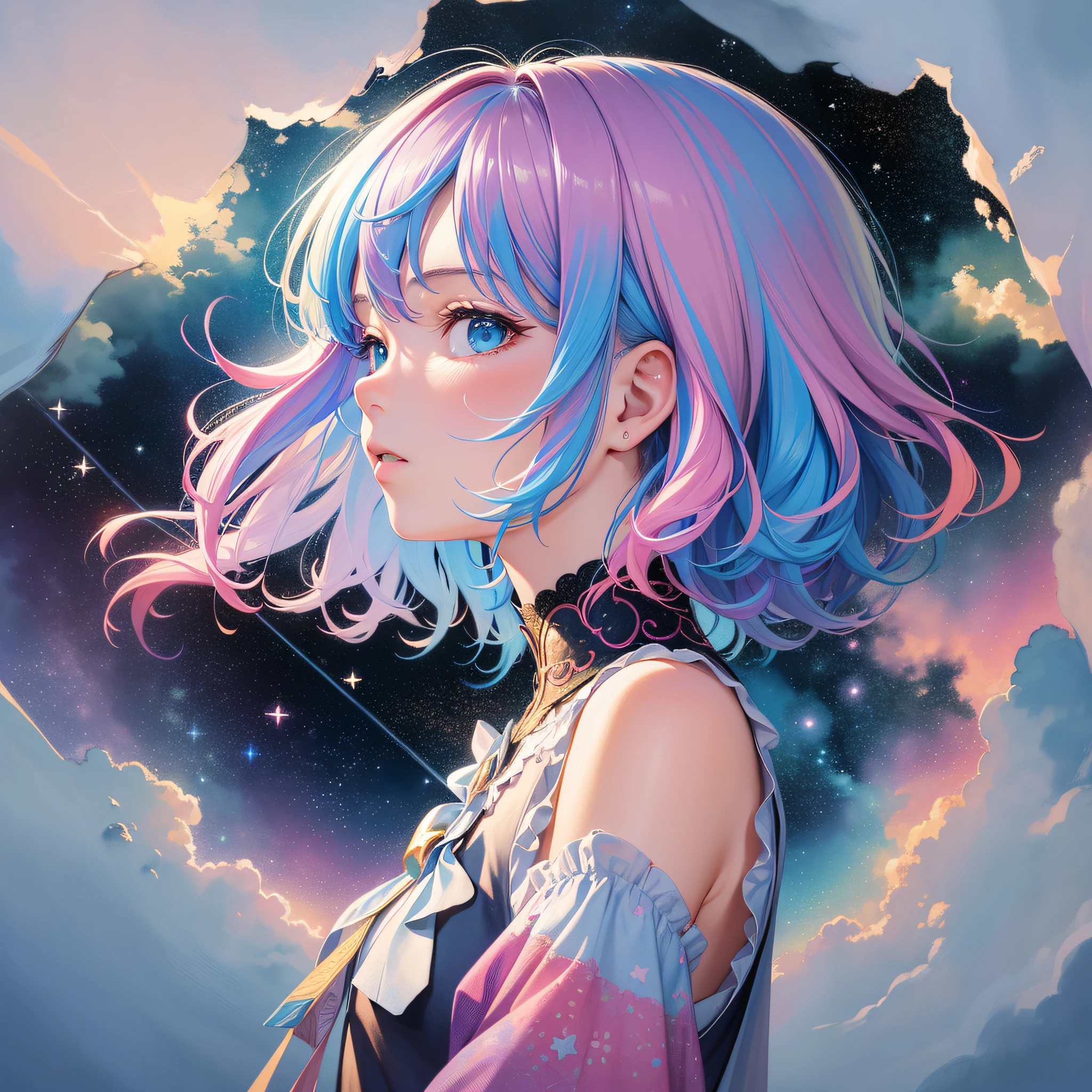 (Masterpiece, Top Quality, Best Quality, Watercolor (Medium), Official Art, Beauty and Aesthetics: 1.2), (1girl: 1.3), (Fractal Art: 1.3), Upper Body, Looking at the Viewer from the Side, Pattern, (Rainbow Hair, Colored Hair, Half Blue and Half Pink Hair: 1.2), Water, Liquid, Clouds, Colorful, Starry, Stars, , Surrealism.