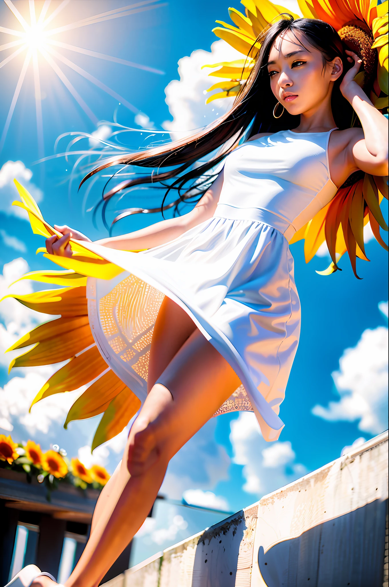 Best quality, masterpiece, girl, black hair, black eyes, home, sunny, shiny skin, sun flare, sunflower, wind, white long dress, high heels