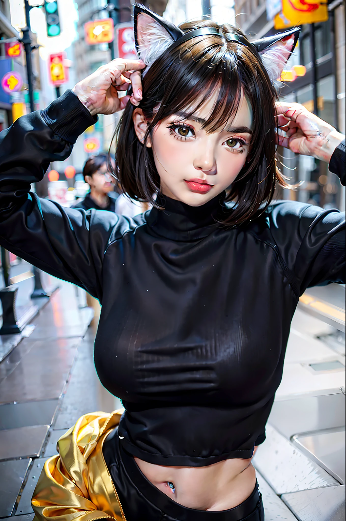 (Gravure Idol, Cat Ears, Cosplay, Constricted Big), (Masterpiece: 1.3), (8k, Photorealistic, RAW Photo, Best Quality: 1.4), (1girl), Beautiful Face, (Realistic Face), (Black Hair, Short Hair: 1.3), Beautiful Hairstyle, Realistic Eyes, Beautiful Detail Eyes, (Realistic Skin), Beautiful Skin, (Sweater), Absurd, Attractive, Ultra High Definition, Ultra Realistic, High definition, golden ratio