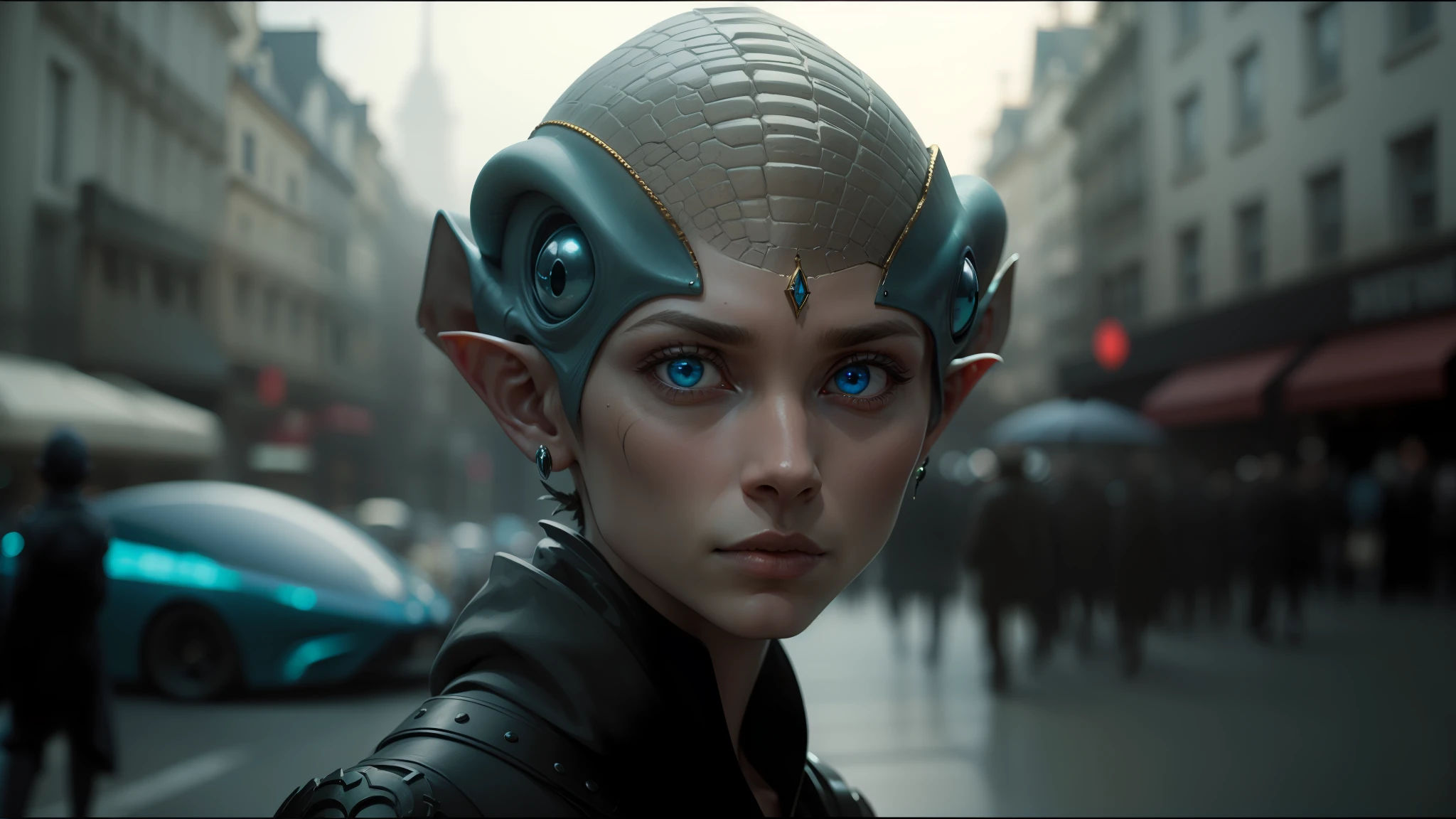 there is a man with a strange head and blue eyes, from a 2 0 1 9 sci fi 8 k movie, french features, amazing space creature 4 k, she has elf ears and gold eyes, by Frederik Vermehren, cg society, alien frog, subtle muted cinematic colors, people and creatures walking, perfectly symmetrical alien face, slightly - pointed ears --auto --s2