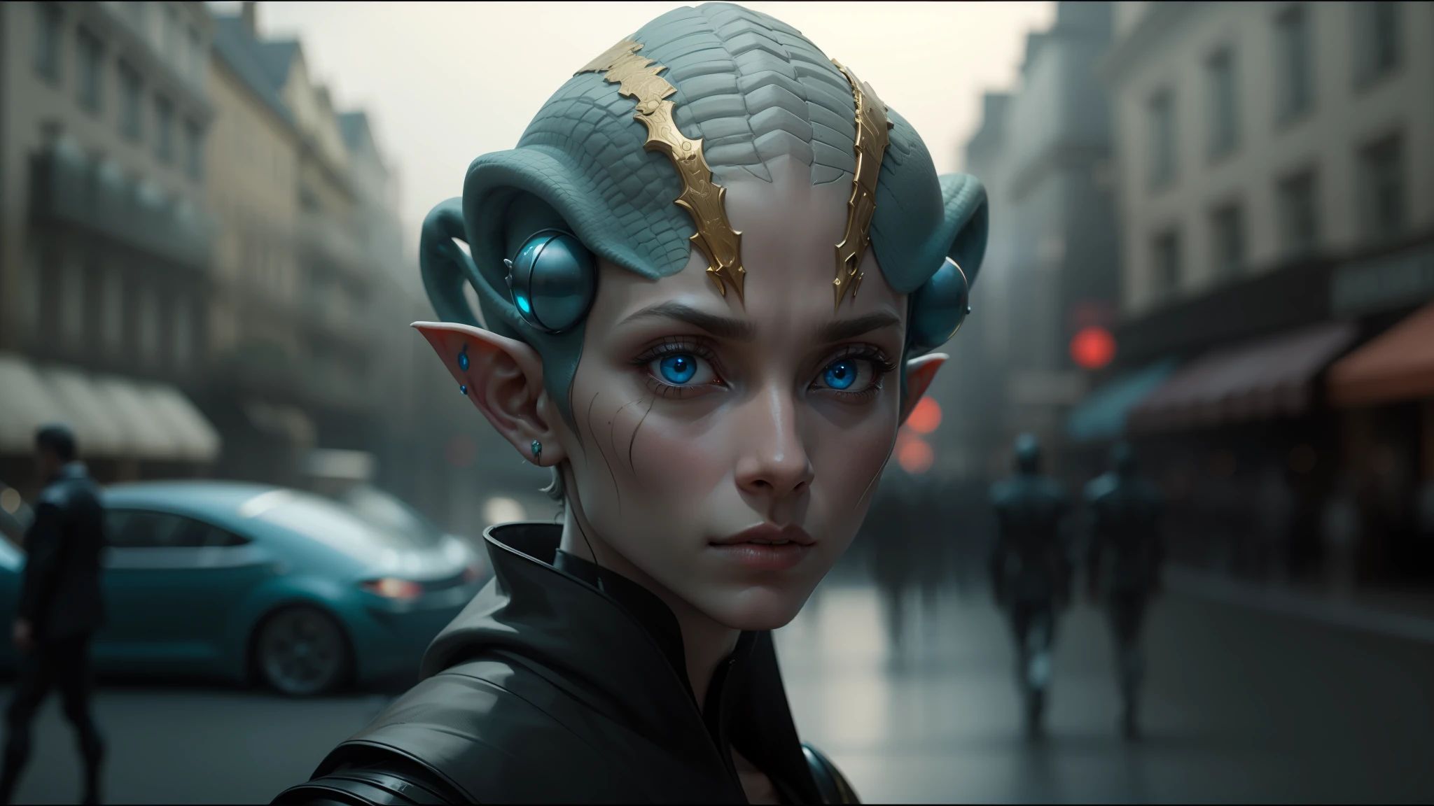 there is a man with a strange head and blue eyes, from a 2 0 1 9 sci fi 8 k movie, french features, amazing space creature 4 k, she has elf ears and gold eyes, by Frederik Vermehren, cg society, alien frog, subtle muted cinematic colors, people and creatures walking, perfectly symmetrical alien face, slightly - pointed ears --auto --s2
