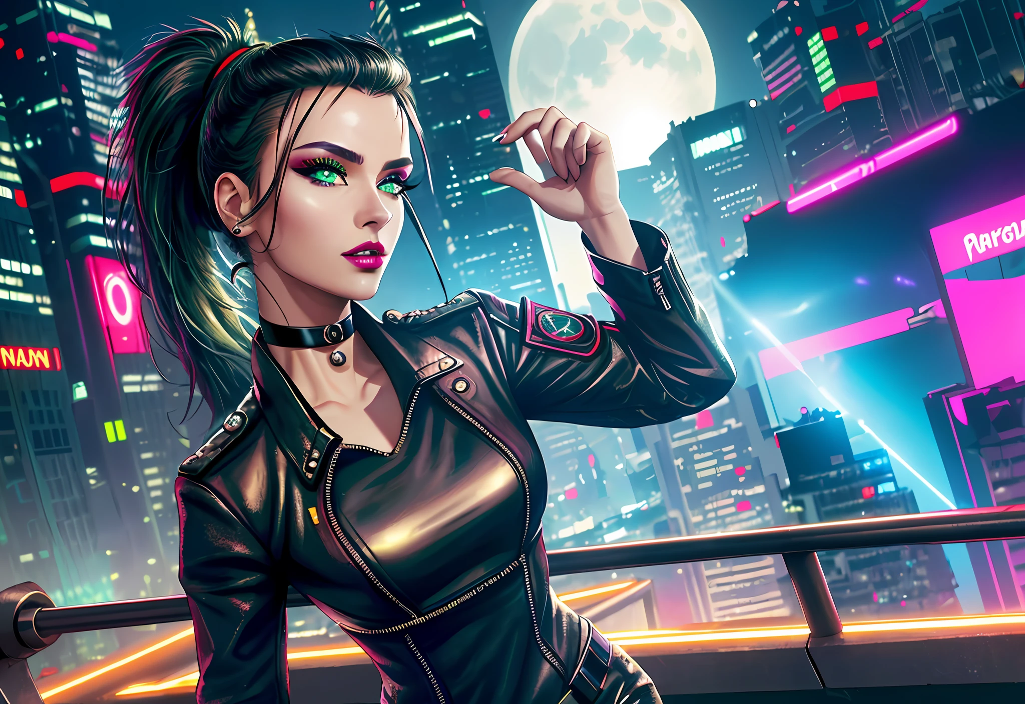 (masterpiece, best quality, 8k, sharp focus, depth of field, best shadows, perfect lights, HDR, realistic skin texture, hyper detailed background), Long Angle Shot, ((CYBERPUNK THEME)), solo, 1 woman, she is a mercenary, (green eyes, white skin, black hair with ponytail, choker, small breasts, slim, makeup, eyeliner, lipstick), she is doing a job in a futuristic Korean city, holding a Tech-katana with a strong grip, night, sky, waning moon, wearing a beautiful tech jacket and leather pants.