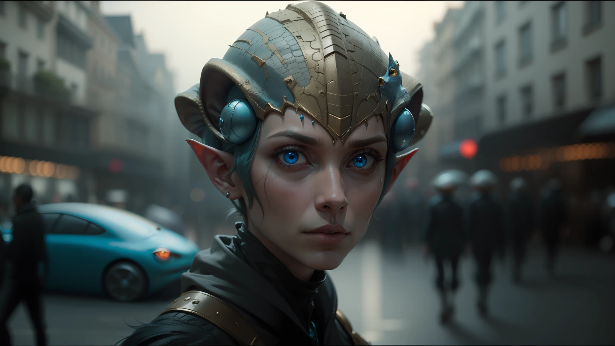 there is a man with a strange head and blue eyes, from a 2 0 1 9 sci fi 8 k movie, french features, amazing space creature 4 k, she has elf ears and gold eyes, by Frederik Vermehren, cg society, alien frog, subtle muted cinematic colors, people and creatures walking, perfectly symmetrical alien face, slightly - pointed ears --auto --s2