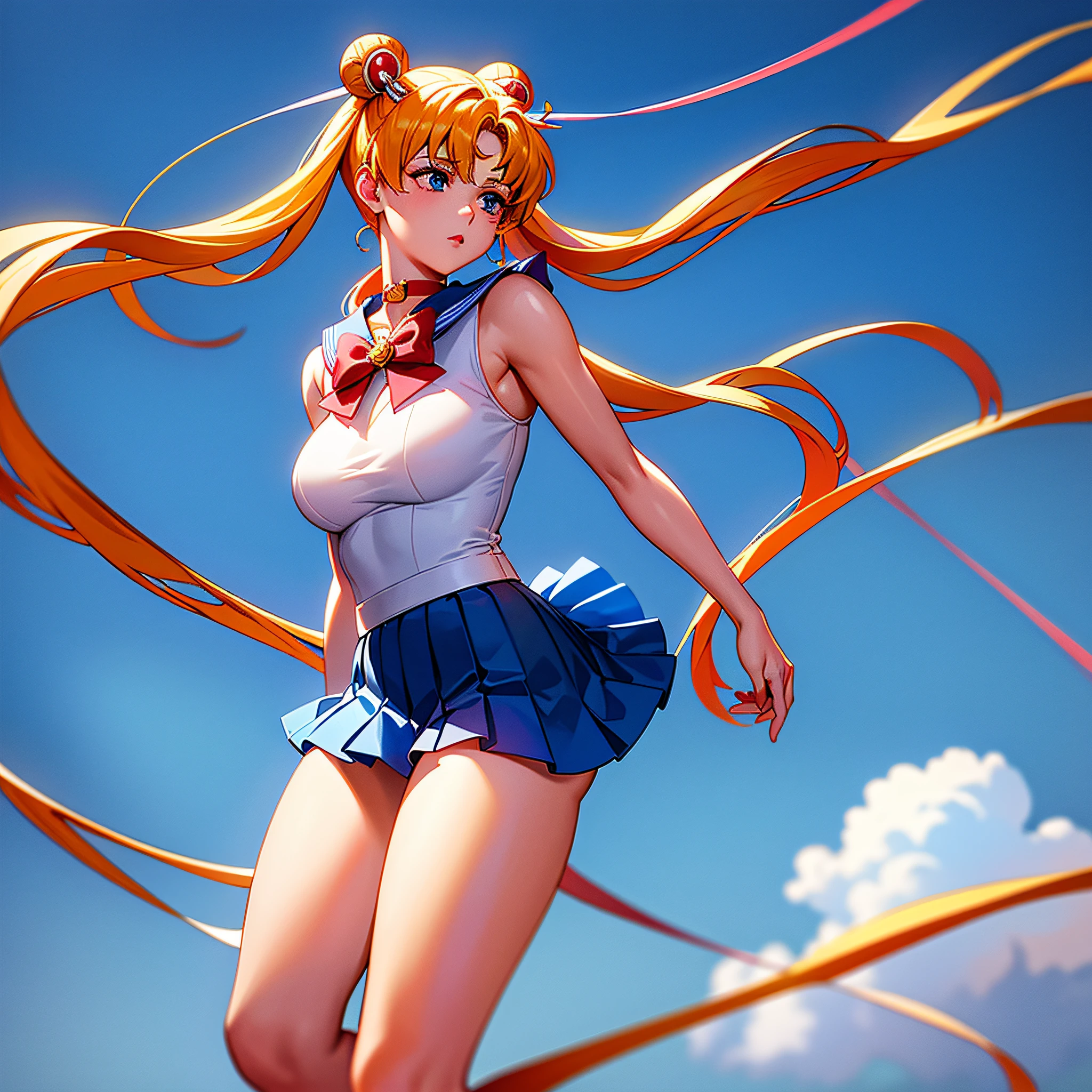 (8k, RAW photo, best quality, masterpiece:1.2), (ultra highres:1.0), detailed illustration, detailed, (realistic, photo-realistic:1.37), detailed beautiful skin, sailor moon, (1 girl: 1.2),(full body:1.2), slim body, cute, happy, long hair, long leg, cleavage,blue skirt,red bow,blue eyes,blond hair,twin tails,hair bun,hair ornament,blue sailor collar, red choker, red boots, high heels, sailor senshi uniform, white gloves, full body portrait, wide angle