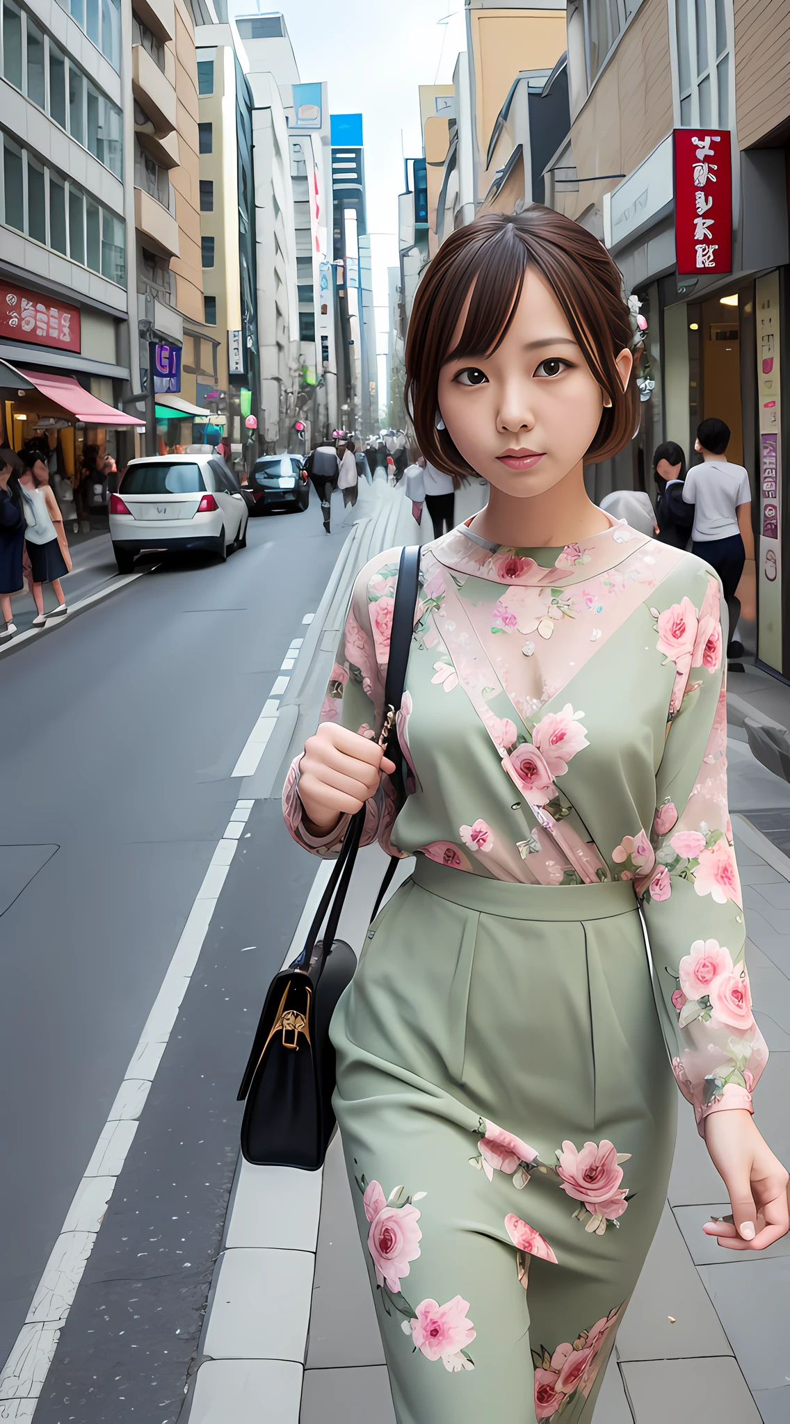Arafe woman walking down the street with purse and handbag, advertising image, Chie Yoshii style, high definition, Sakimi-chan, Chiho, Tokyo, afternoon, marketing photo, sengai, flowers around, 4k, Shoko Nishinomiya, short hair, girl