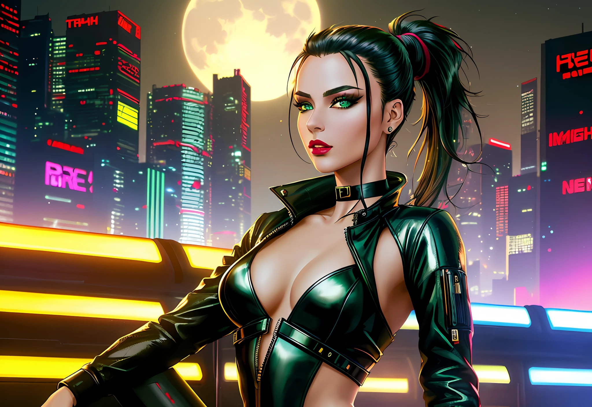 (masterpiece, best quality, 8k, sharp focus, depth of field, best shadows, perfect lights, HDR, realistic skin texture, hyper detailed background), Long Angle Shot, ((CYBERPUNK THEME)), solo, 1 woman, she is a mercenary, (green eyes, white skin, black hair with ponytail, choker, small breasts, slim, makeup, eyeliner, lipstick), she is doing a job in a futuristic Korean city, holding a Tech-katana with a strong grip, night, sky, waning moon, wearing a beautiful tech jacket and leather pants.