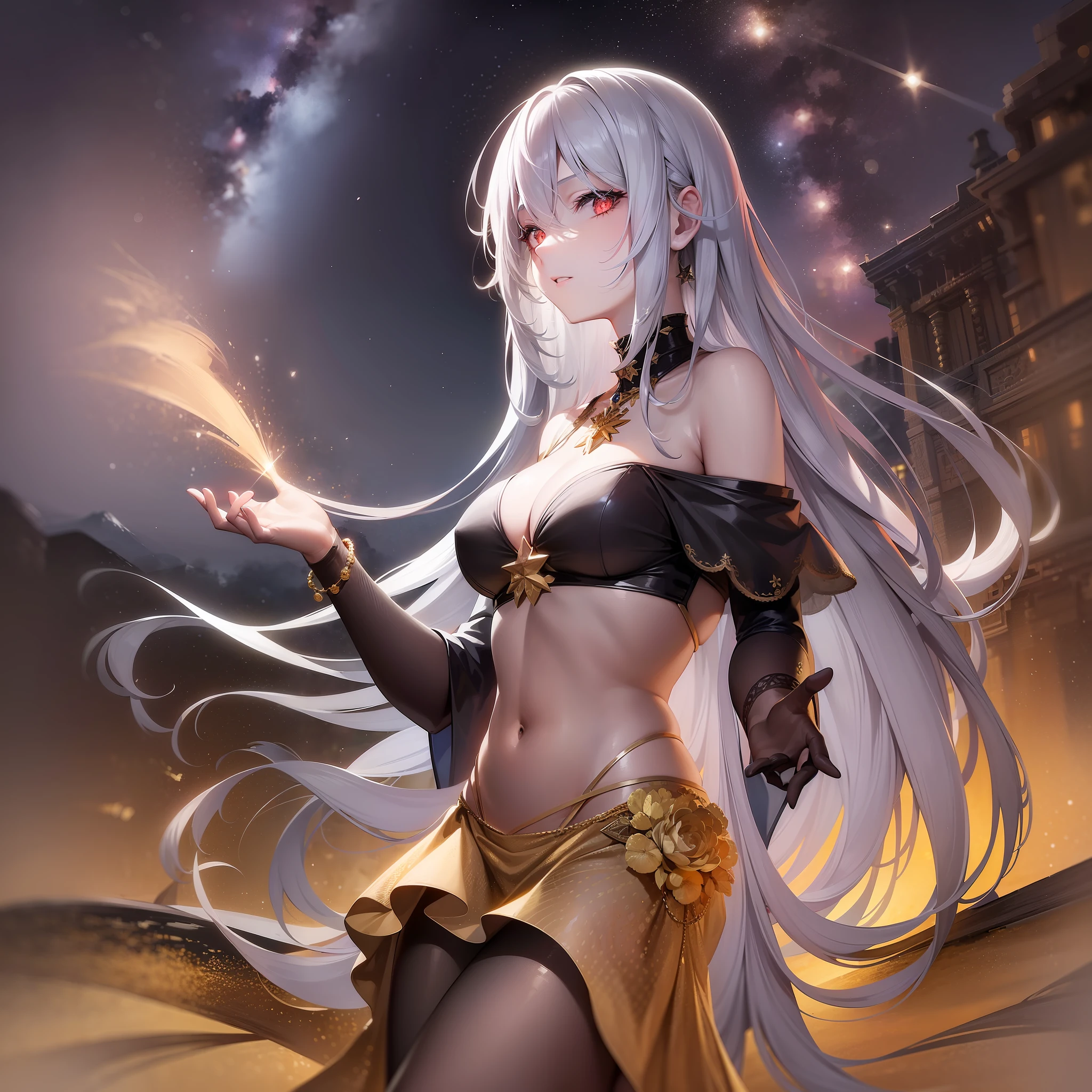 1 girl, young adult woman, silver hair, long hair, straight hair, super big, tall, very small gold metallic bikini, hot spring, outdoors, late night, starry sky, red eye, standing style, human hands,full body