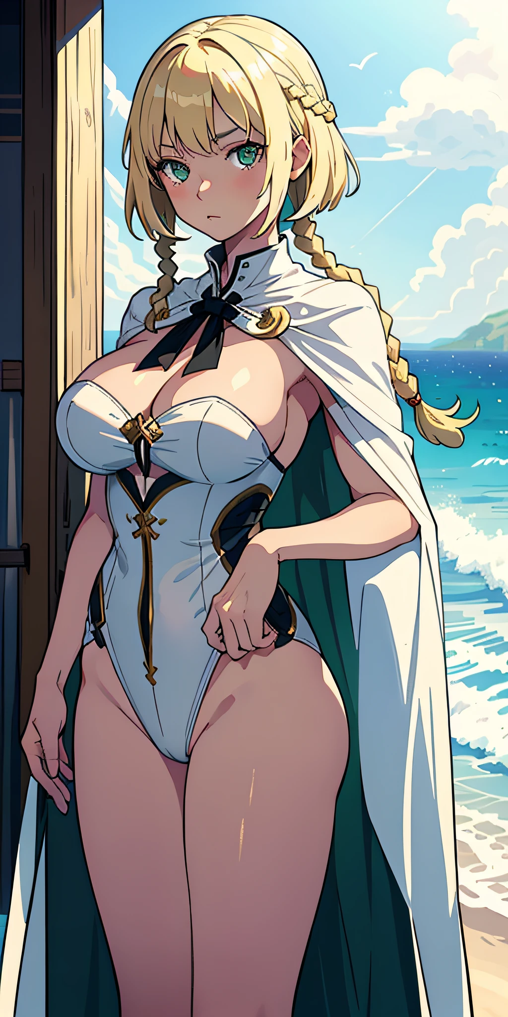 Masterpiece, best quality, NSFW, 1girl, blonde, short hair, green eyes, braids, huge and extremely lively breasts, at the beach, white night, wearing only a cape, clothes no pants, tong, poker face, front view, lively, chase