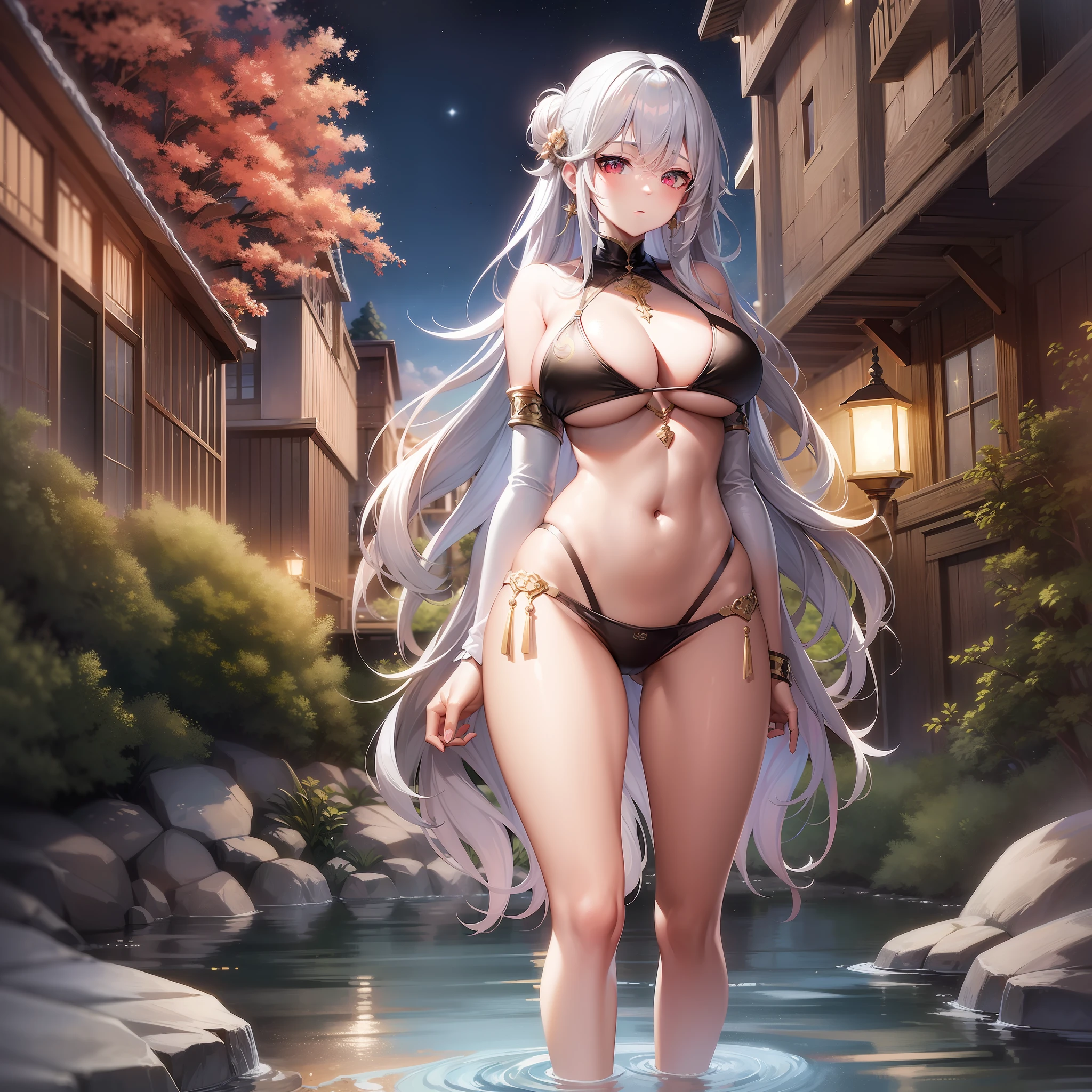 1 girl, young adult woman, silver hair, long hair, straight hair, super big, tall, gold metallic bikini, hot spring, outdoors, late night, starry sky, red eye, standing style, human hands,full body