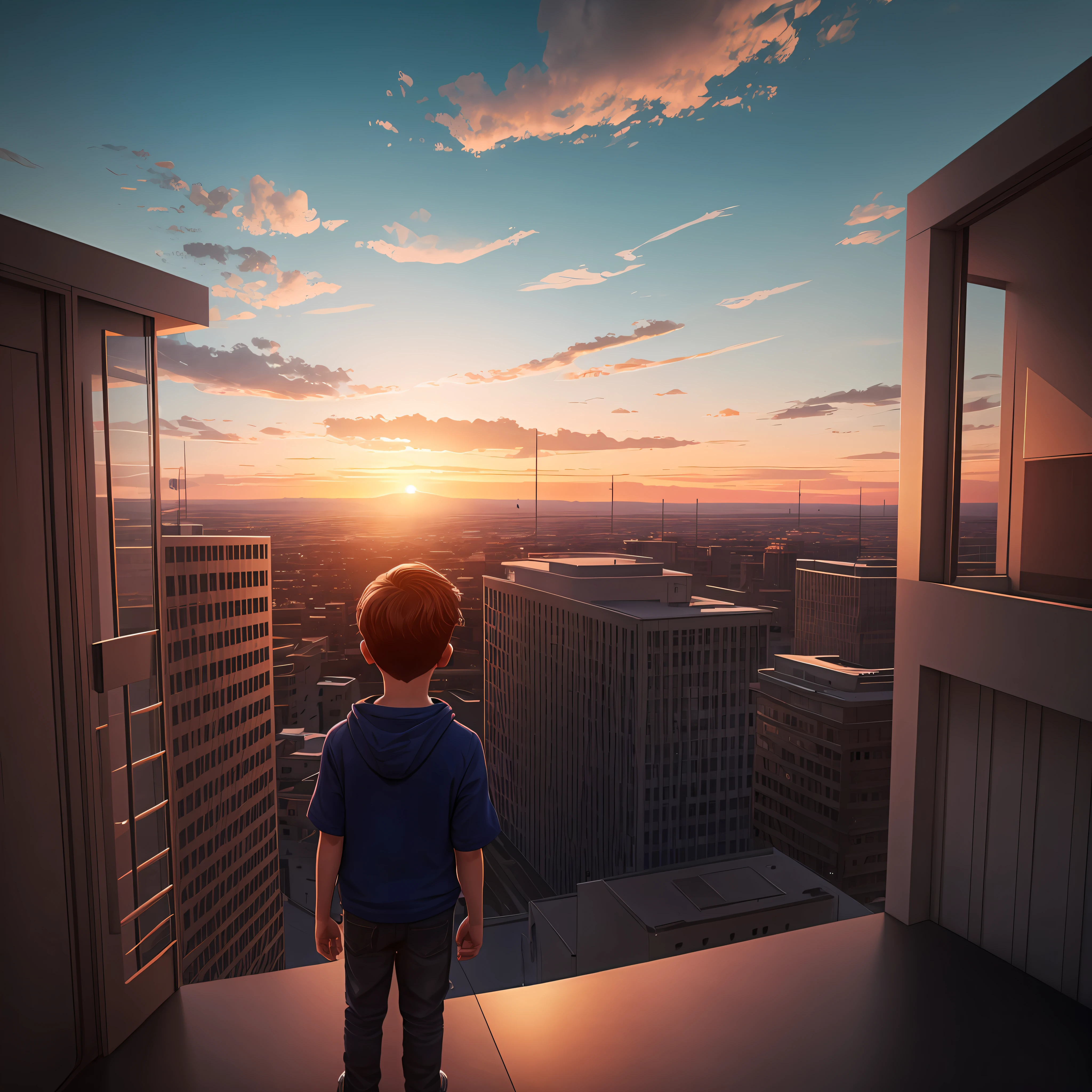 A boy on the top of a building looking into the distance, sunset, real, cinematic, realistic, vertical screen wallpaper, 8k