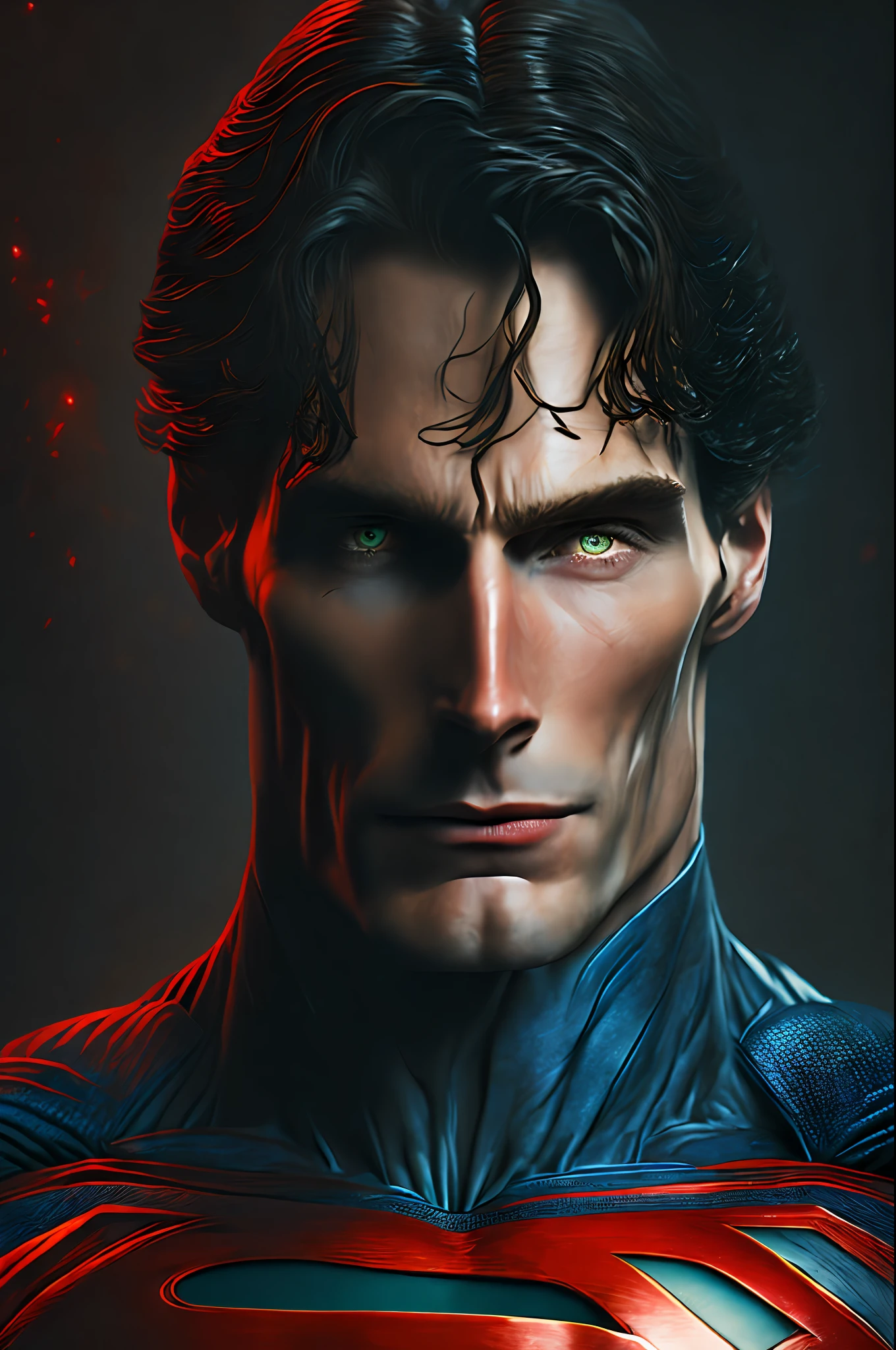 Corpo inteiro Superman (Christopher reeves) da DC comics, Dark Horror Futurism, Cinematic, Fine Detail, 8k, (Dark Shot: 0.7), Christopher reeves face, (Luz Ambiente: 1.3), (ArtStation: 1.3)