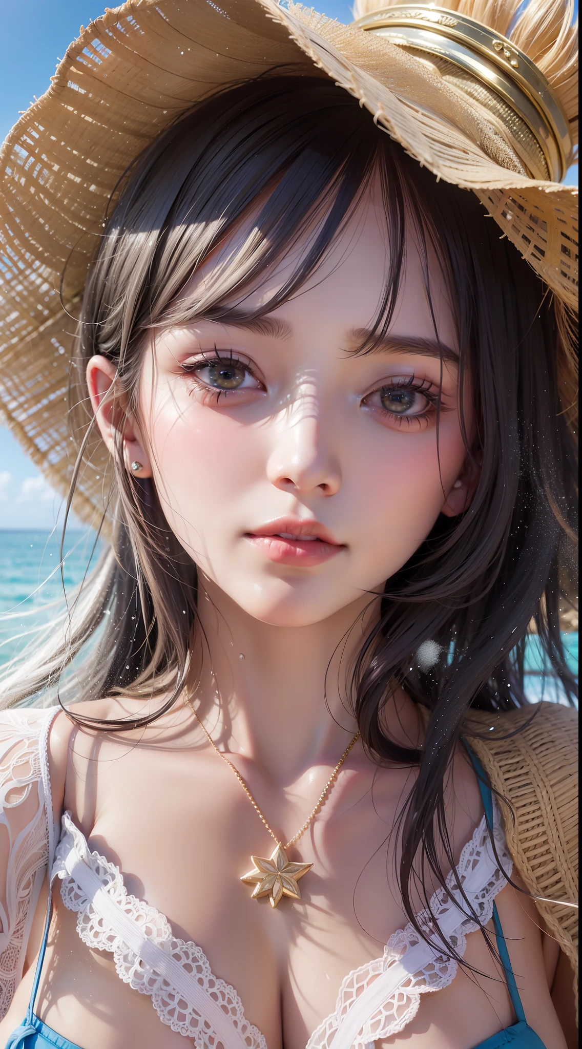 A beautiful 23-year-old girl stands at the seaside, the sun shining down on her fine and rounded face. She is 175cm tall, with water droplets glistening on her skin. She smiles, enjoying the warmth of the sun and the refreshing feeling of being wet. The atmosphere is one of fanciful delight, as if the girl is in a fairytale. The image is captured in stunning 8K resolution, bringing every detail to life.