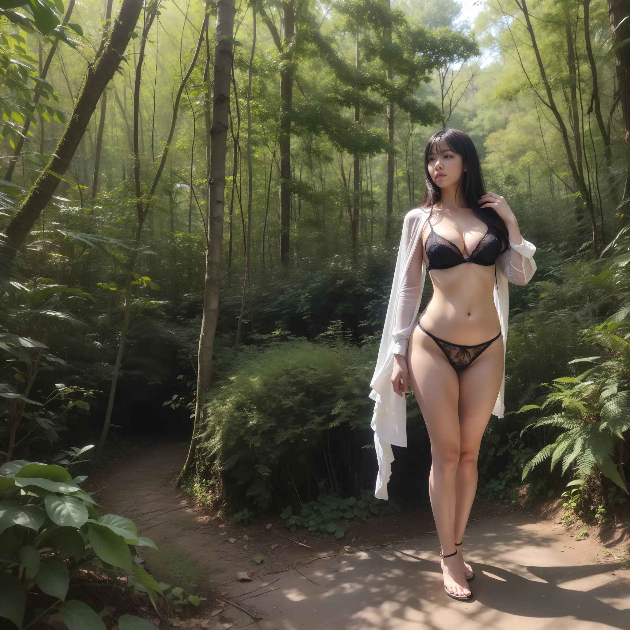 (8k, RAW photo, highest quality, masterpiece: 1.2), (realistic, photorealistic: 1.37), 1 girl, Japan, 22 years old, standing woman, photon mapping, big, very small sexy lingerie with skin tone, see-through, tip sticking out, areola protruding, pubic shape clearly visible, camera gaze, more lashes, natural lips, Pure black heels, pubic hair, lower abdomen bristles, slender, broad-leaved forest, great nature, thick undergrowth, ground covered with undergrowth, sunlight through trees, wide-angle lenses, barefoot,