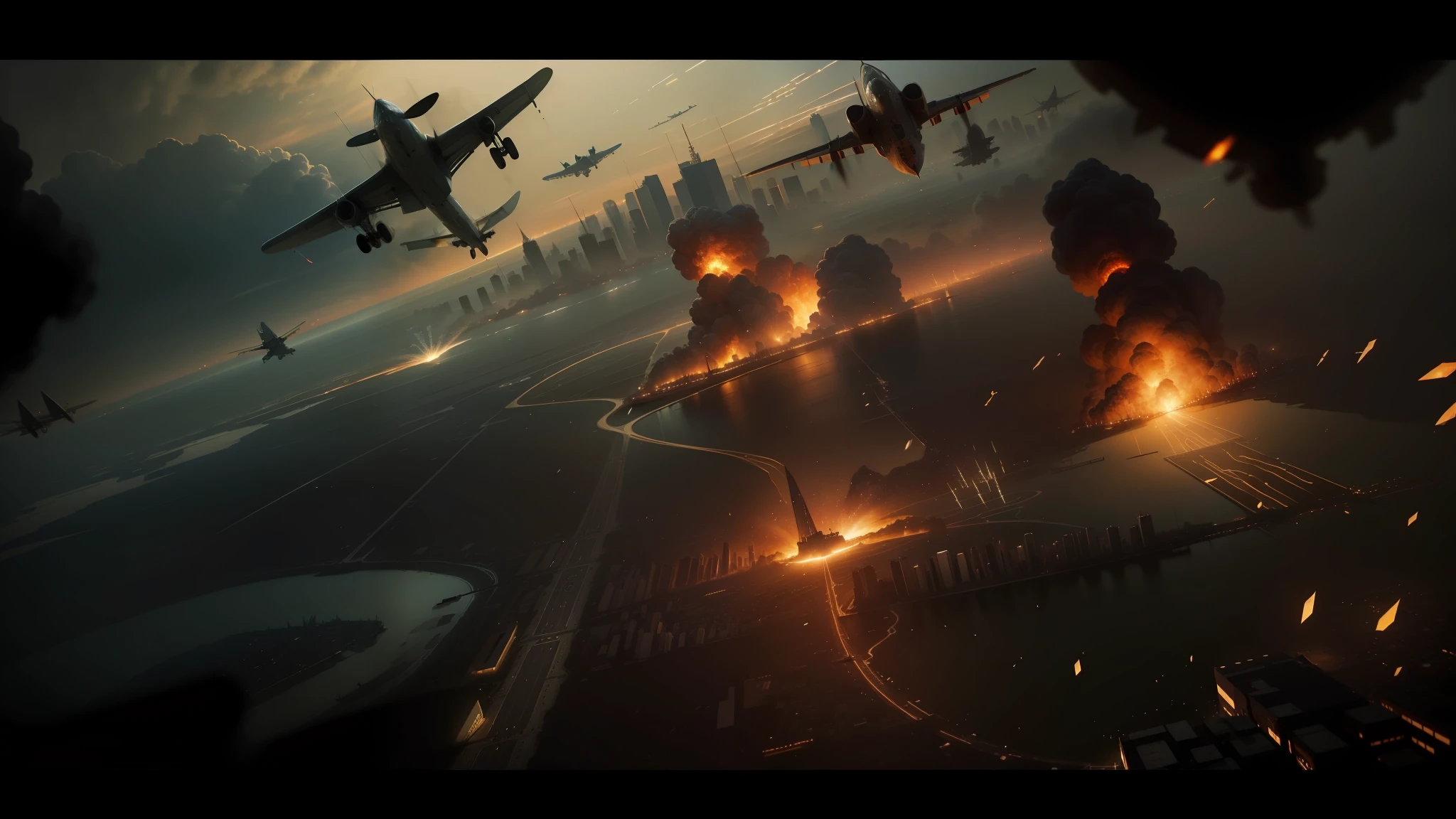 a close up of a bunch of planes flying over a city, in screenshot from the 300 movie, japanese dc live-action movie, intricate overlay flames imagery, key is on the center of image, screen short from mafia 2, (snowy new york in background), unbroken, bomber planes, kaleidoscope of machine guns, taken in the early 2020s --auto --s2