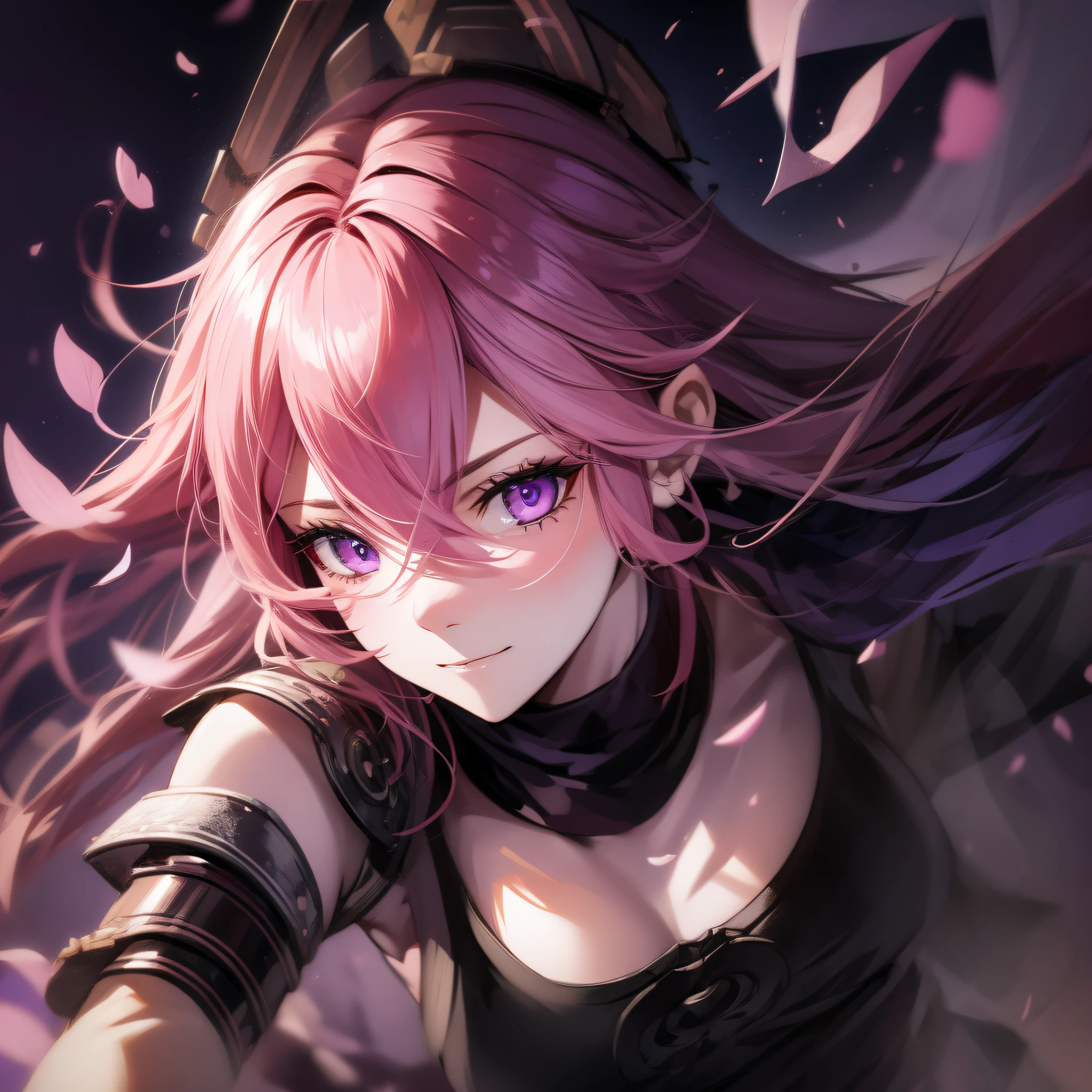 a girl holding her sword in a battlefield, pink hair, purple eyes