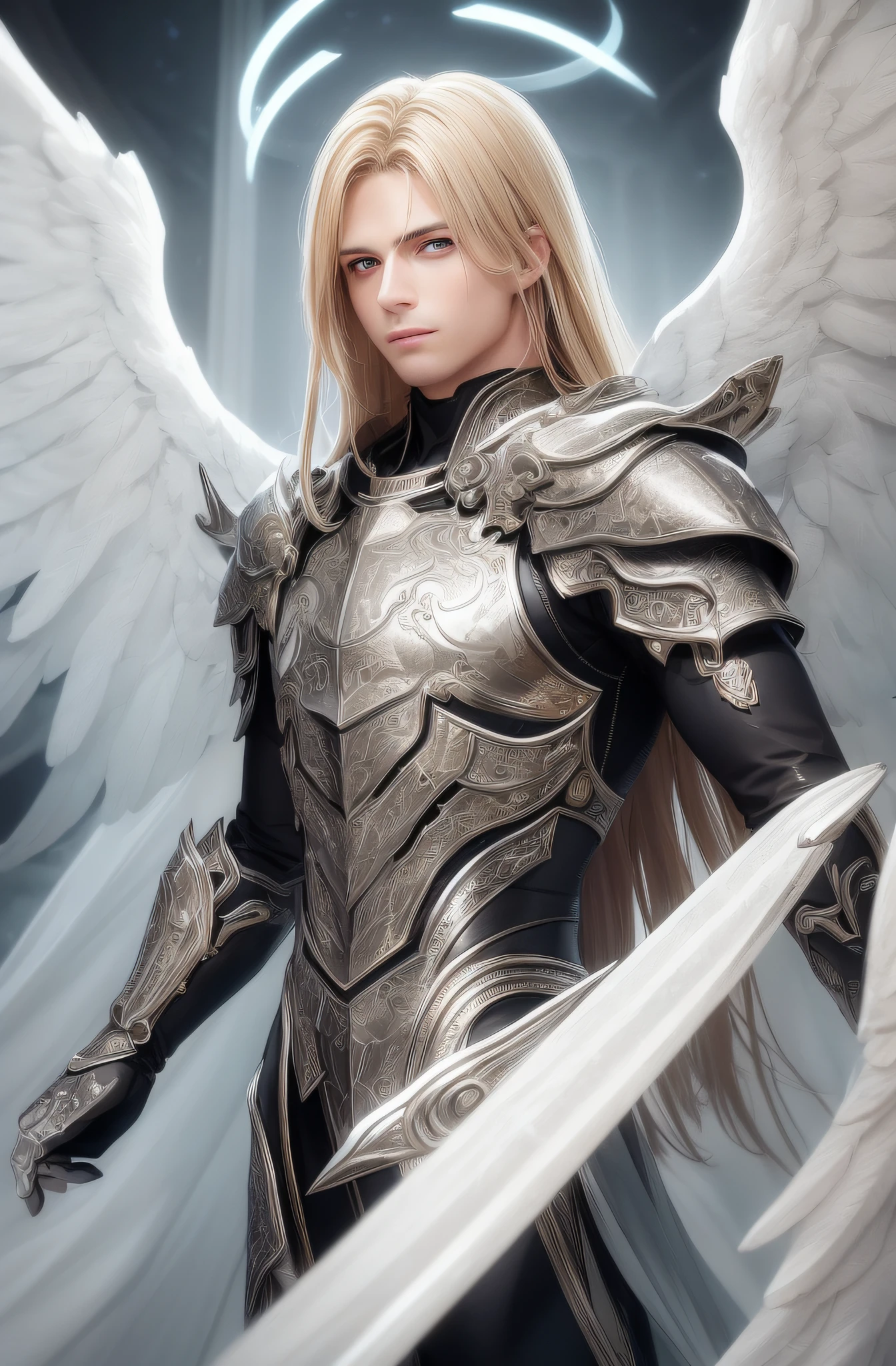best quality, masterpiece, upper body,
bright highlights, (extremely detailed CG unity 8k wallpaper), handsome young man, angelic wings, halo,
(male, man), long hair, serious, dramatic pose, shiny armor, knight, cinematic lighting, photorealistic, dynamic pose, sharp-focus, Dynamic composition, 80s fantasy art, (photorealistic:1.4), (masterpiece, finely detailed beautiful eyes: 1.2), masterpiece*portrait, realistic, 3d face, glowing eyes, blonde hair,
1920s plunging neckline dress