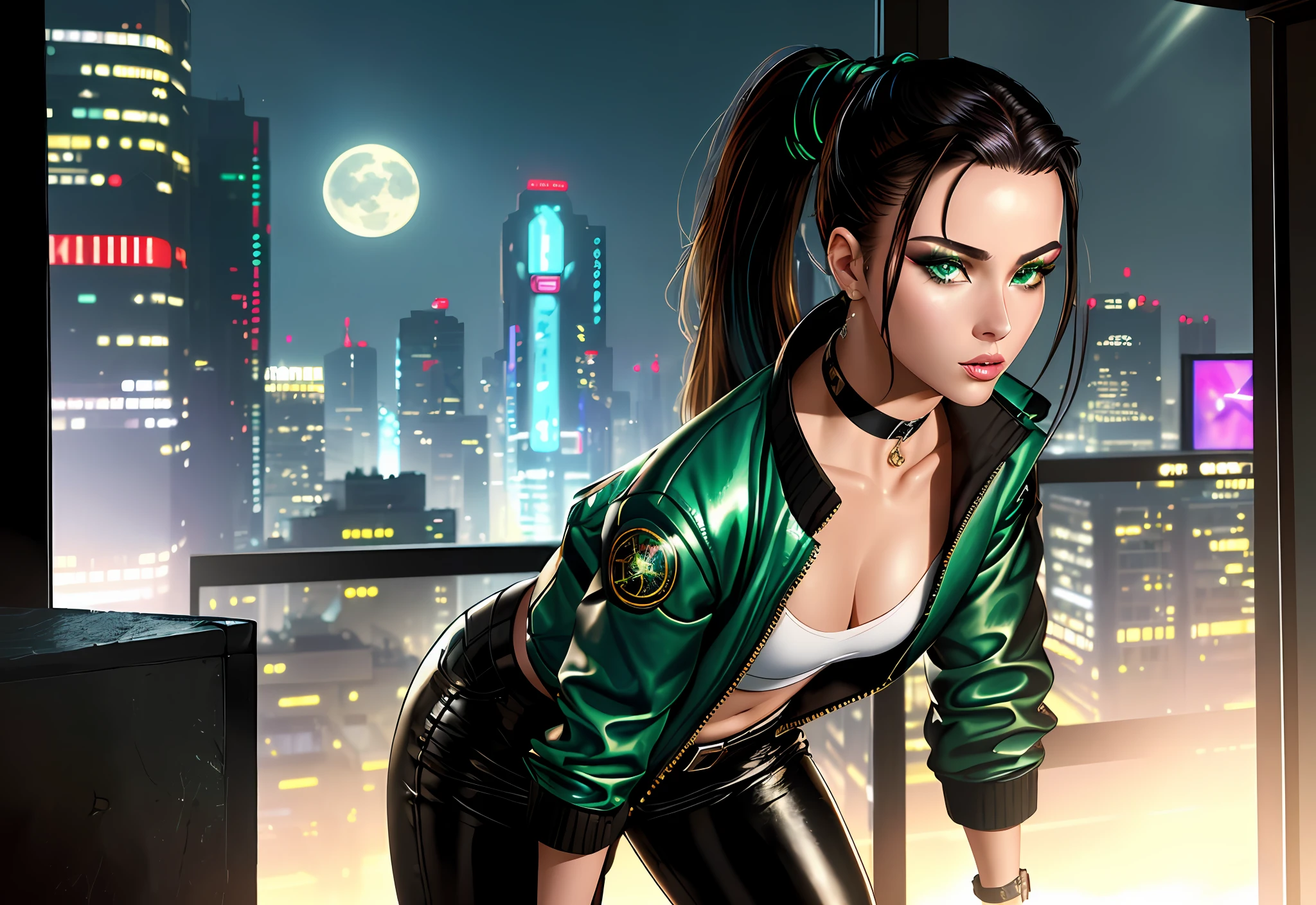 (masterpiece, best quality, finely detailed gorgeous eyes and detailed face, cinematic lighting, extremely detailed 8k CG unit wallpaper, depth of field), Long Angle Shot, (CYBERPUNK THEME), solo, 1 woman, she's a mercenary, (green eyes, white skin, black hair with ponytail, choker, small breasts, makeup), she's doing a job in a futuristic Korean city,   holding a Tech-katana with a strong grip, night, sky, waning moon, wearing a beautiful tech jacket and leather pants.