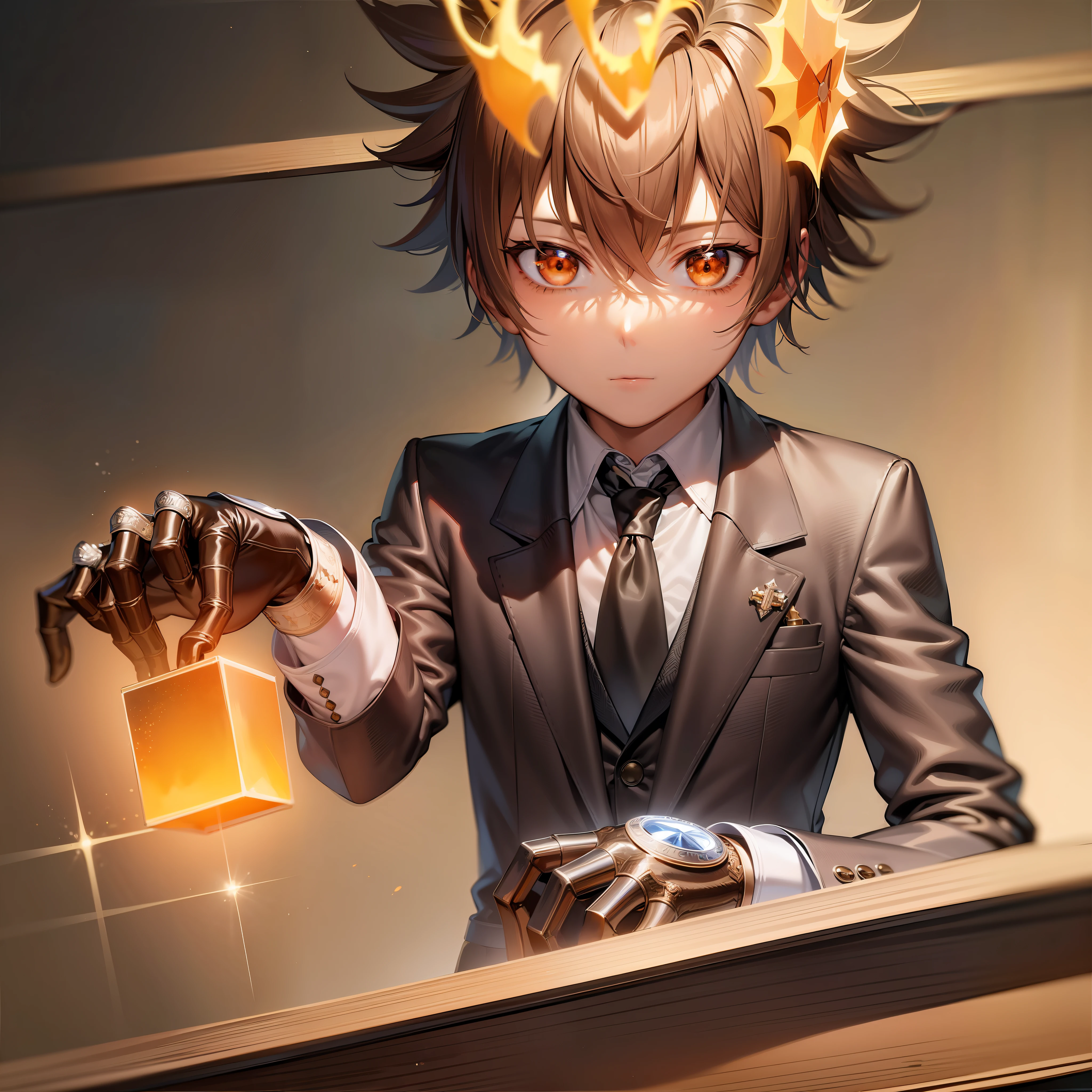 ((masterpiece, best quality)), (complex lighting), tsuna, solo, 1boy, brown hair, gloves, 1boy, brown eyes, upper body, male focus, tie, formal, suit, , black tie, flame, headwear, dungeon, behind a cube