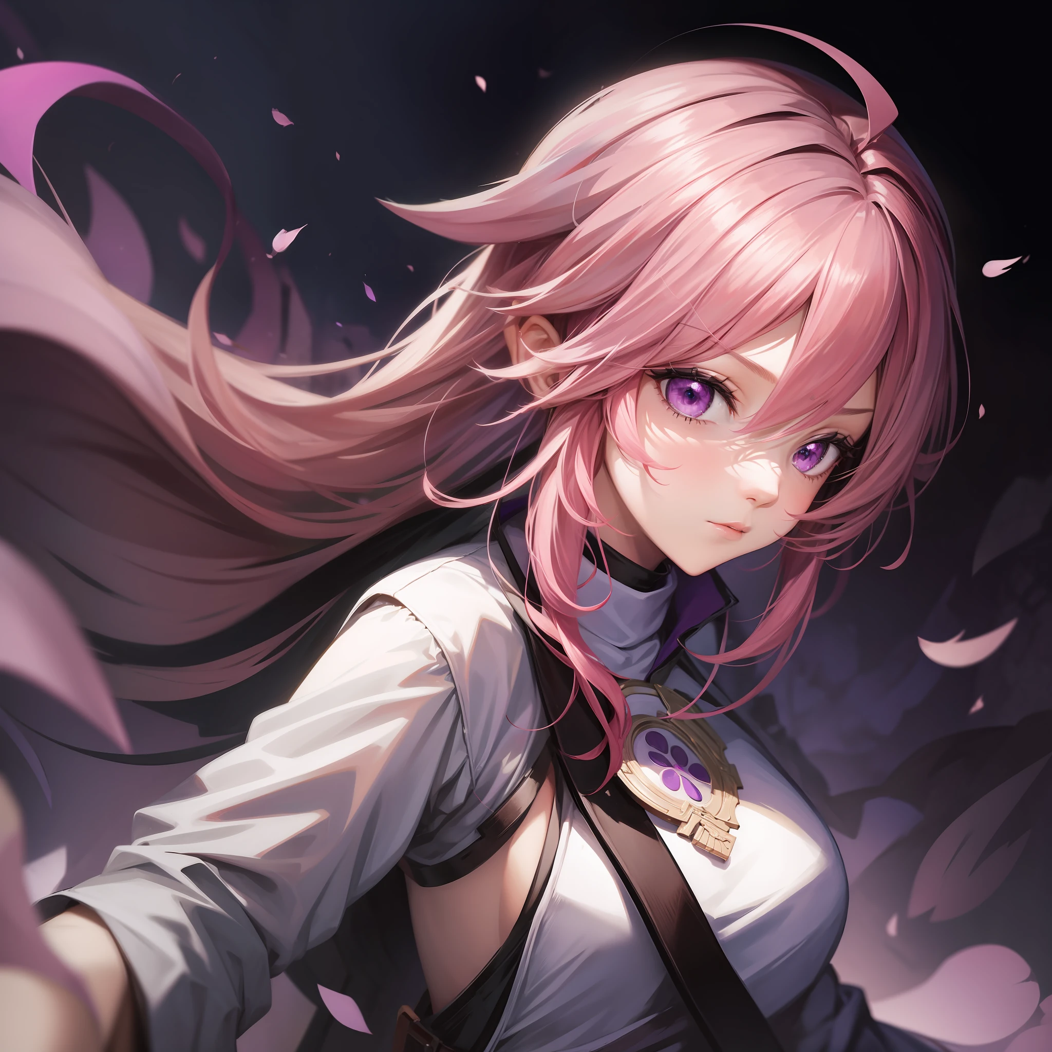 a girl holding her sword in a battlefield, pink hair, purple eyes