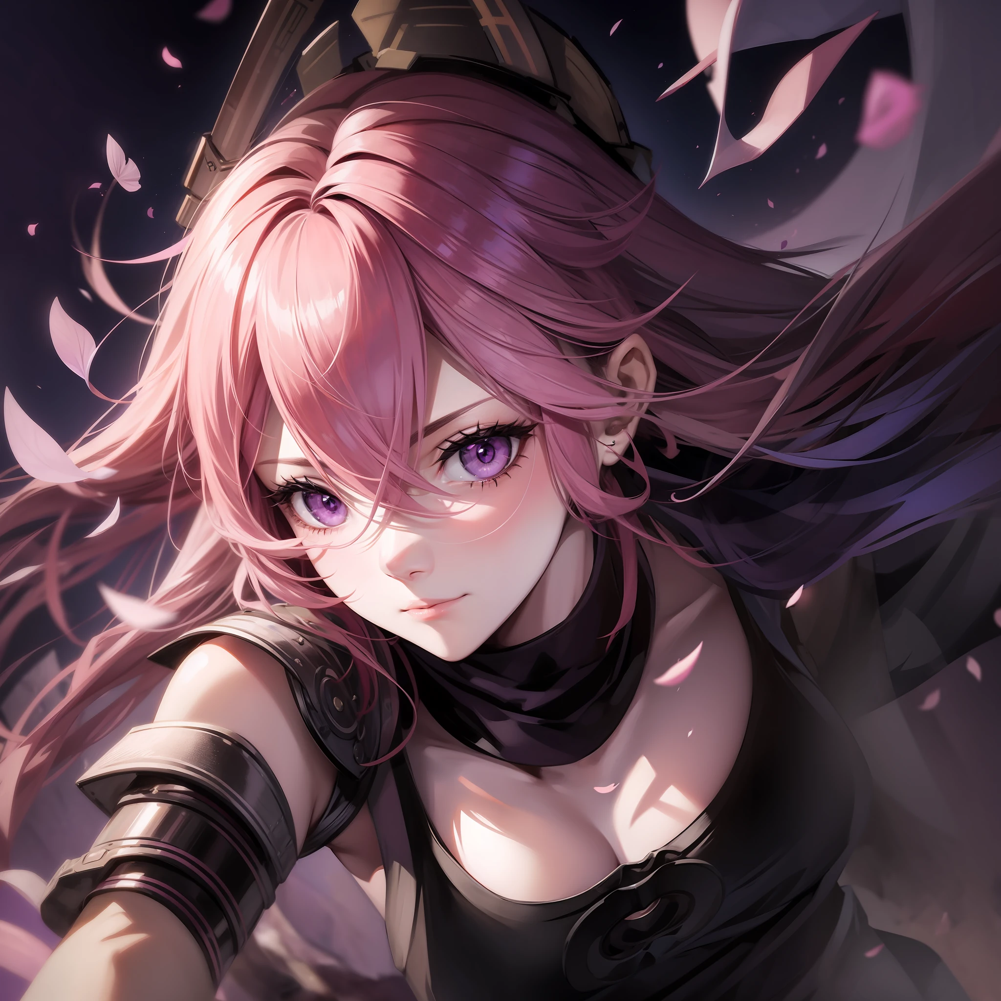 a girl holding her sword in a battlefield, pink hair, purple eyes