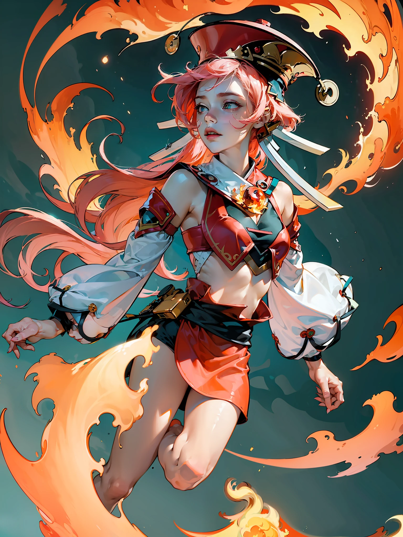 ((masterpiece,best quality)),(negative space:1.4),(1girl, solo:1.4),beautiful detailed eyes,floating pink hair, red hat, fireball, casting a fire spell, orange and red fractals background, looking to the side, teal eyes, fullbody, jumping