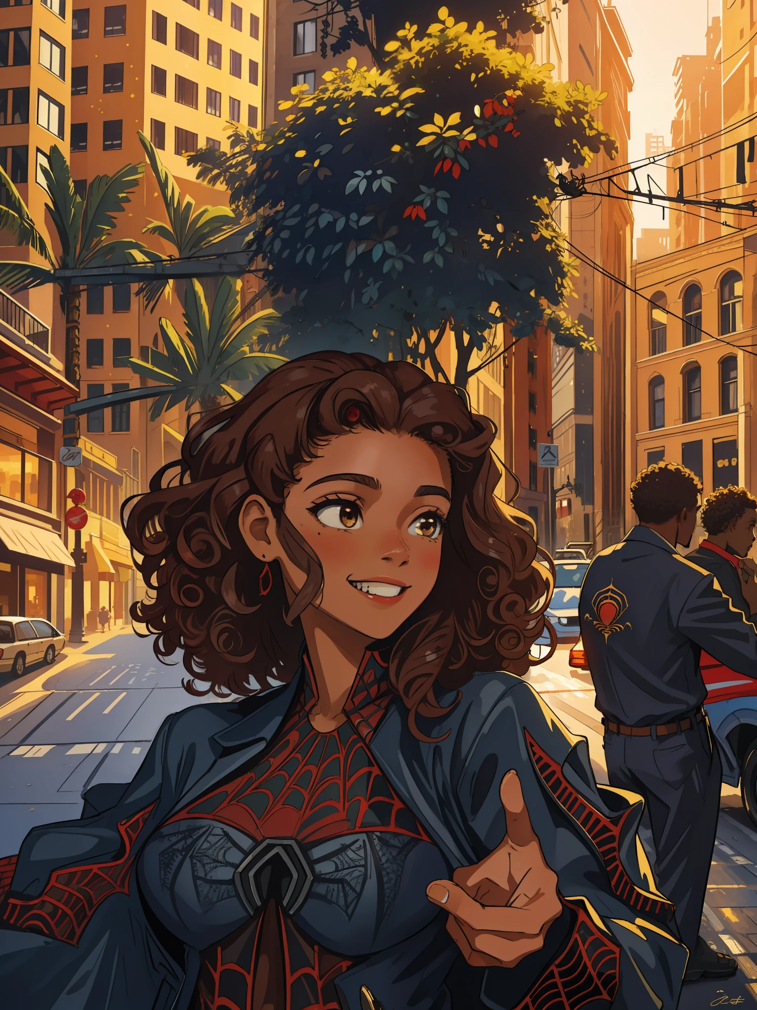 (masterpiece, best quality), intricate details, 8k, artstation, wallpaper, official art, splash art, sharp focus,
1girl, light-skinned African girl, medium hair, brown eyes, very curly hair, curls of hair, smiling without hands
spider suit, spider web printing, spider web,
skyscrapers, city, buildings, cars, street,
