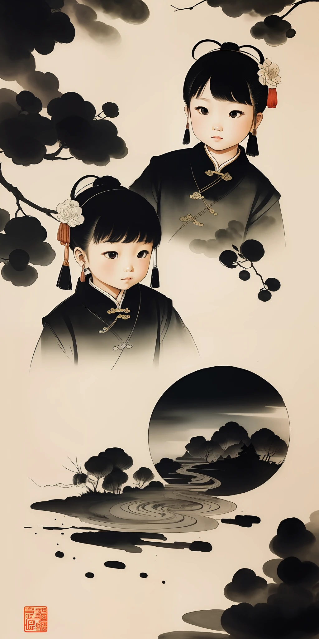 (Masterpiece, best quality: 1.2), traditional Chinese ink painting, Two Rokok Children style