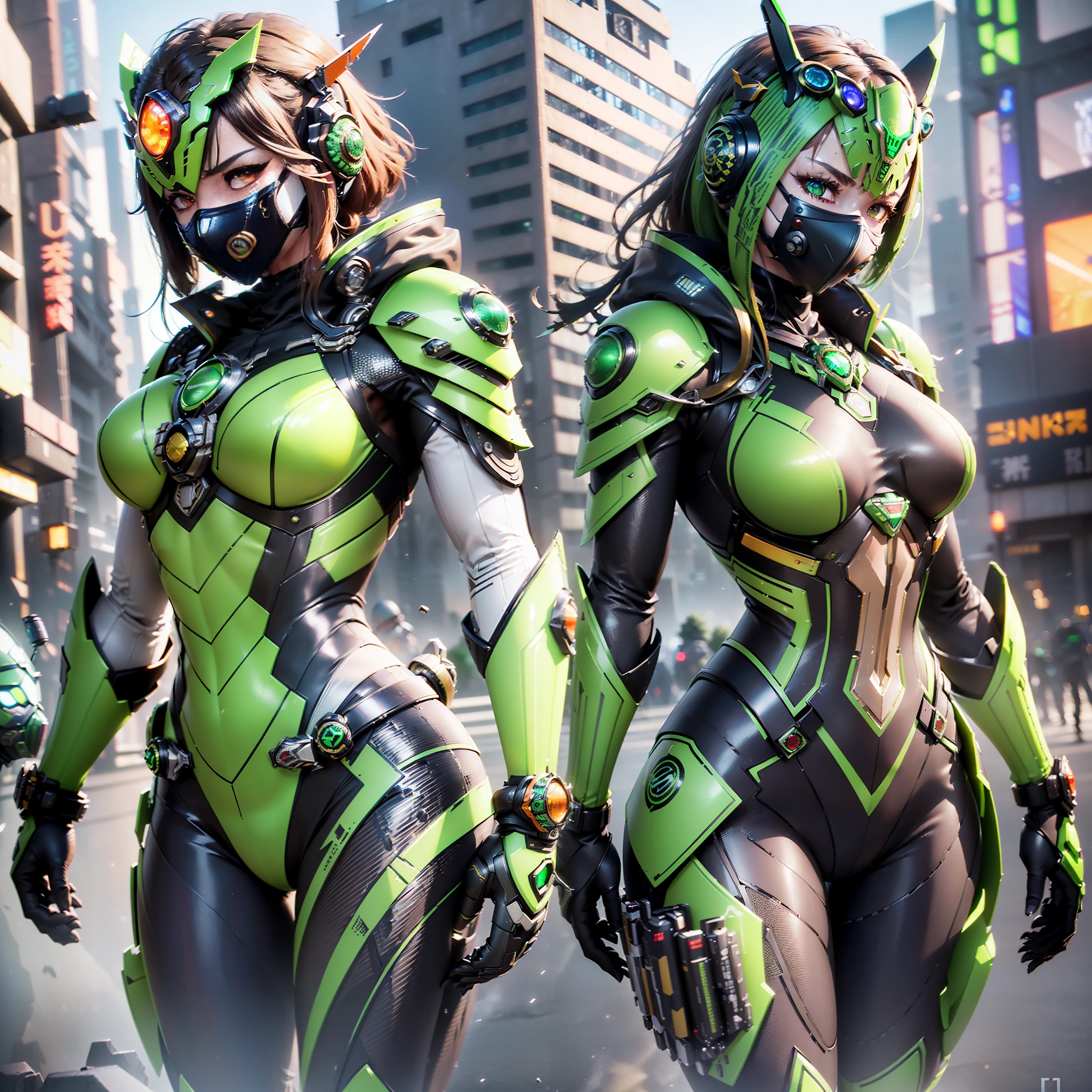 ((highest quality)), ((masterpiece)), (details: 1.4), 3D, 1girl, full-body image, image of a woman in a beautiful green flying locust cyberpunk suit, ((two tactile decorations on the forehead)),((Kamen Rider's belt)), (((Kamen Rider style)), headgear with the image of a flying locust, (((Mechanical full-face mask)), bust armor, red cyborg eyes, HDR, Ray Tracing, NVIDIA RTX, Super Resolution, Unreal 5, Subsurface Scattering, PBR Texturing, Post-Processing, Anisotropic Filtering, Depth of Field, Maximum Clarity and Sharpness, Multilayer Textures, Albedo and Specular Maps, Surface Shading, Accurate simulation of light-material interaction, slender body, perfect proportions, sharp eyeliner, (full body)), sharp focus, ocane rendering, two-tone lighting, wide aperture, low ISO, white balance, rule of thirds, 8K RAW, circuit board AI, 4k, fog, night city background,