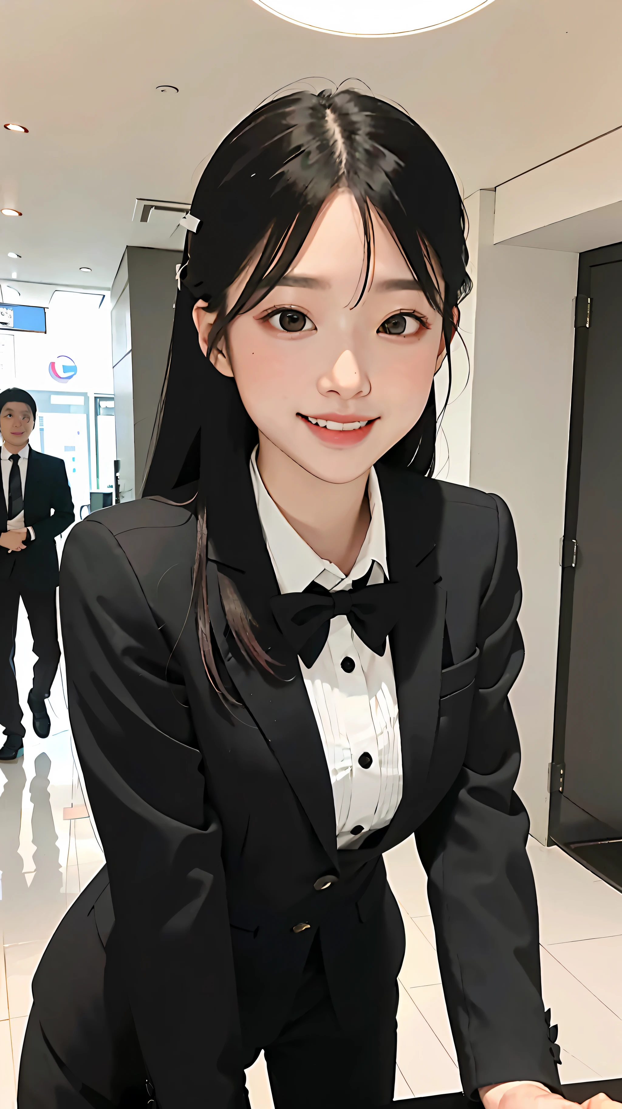 Girl bows to guests with a 90-degree smile in a black suit at the hotel reception