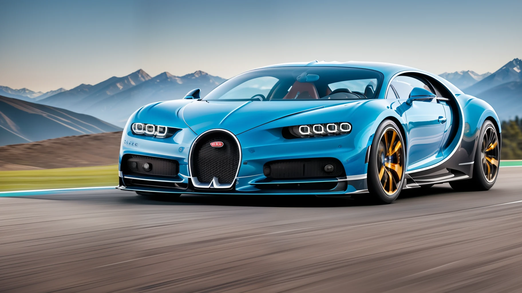 A Bugatti Chiron Super Sport 300+ model car, at high speed on a race track in the mountains. Realistic scene, ultra detailed, sense of movement and depth of field. Eye level --auto --s2