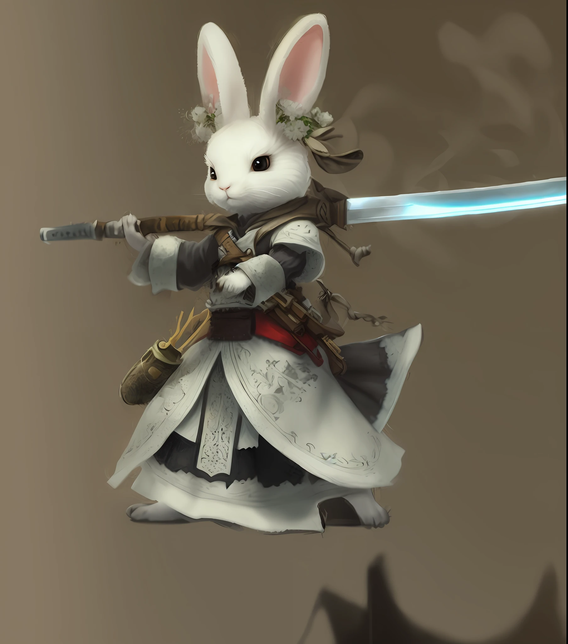 A skinny rabbit carrying a big long knife.