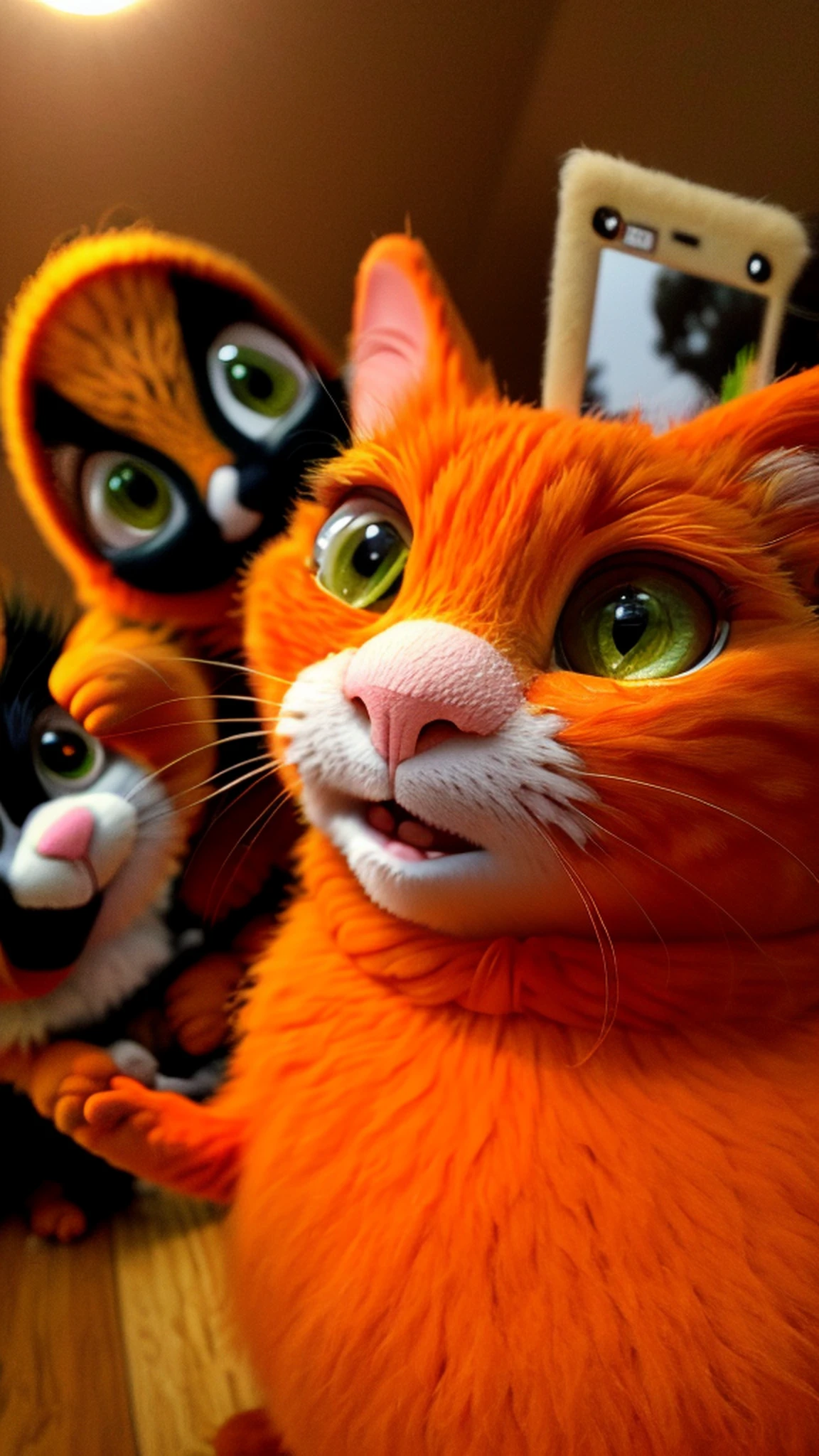 Forest in the background with birds !!!!, a Muppet cat facing the camera, !!, the cat is orange, with a large head and big eyes, accidentally taking a selfie, looking at the camera, !!!!  cat style muppet doll