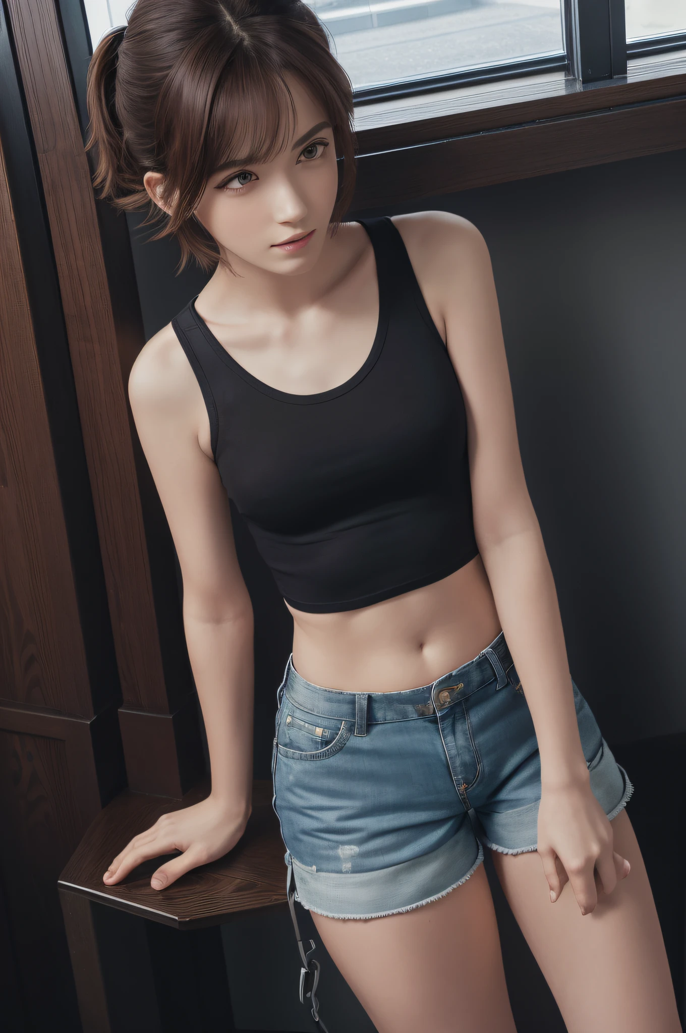 ((tomboy, small head)), sunlight, sunlight, (chiseled abs : 1.1), (perfect body : 1.1), (short wavy hair : 1.2), auburn hair, collar, chain, full body shot, hotel room, white tank top, ((shorts)), (highly detailed CG 8k wallpaper), ( Very Delicate and Beautiful), (Masterpiece), (Top Quality: 1.0), (Ultra High Resolution: 1.0), Beautiful Lighting, Perfect Lightning, Realistic Shadows, [High Resolution], Detailed Skin, Ultra Detail