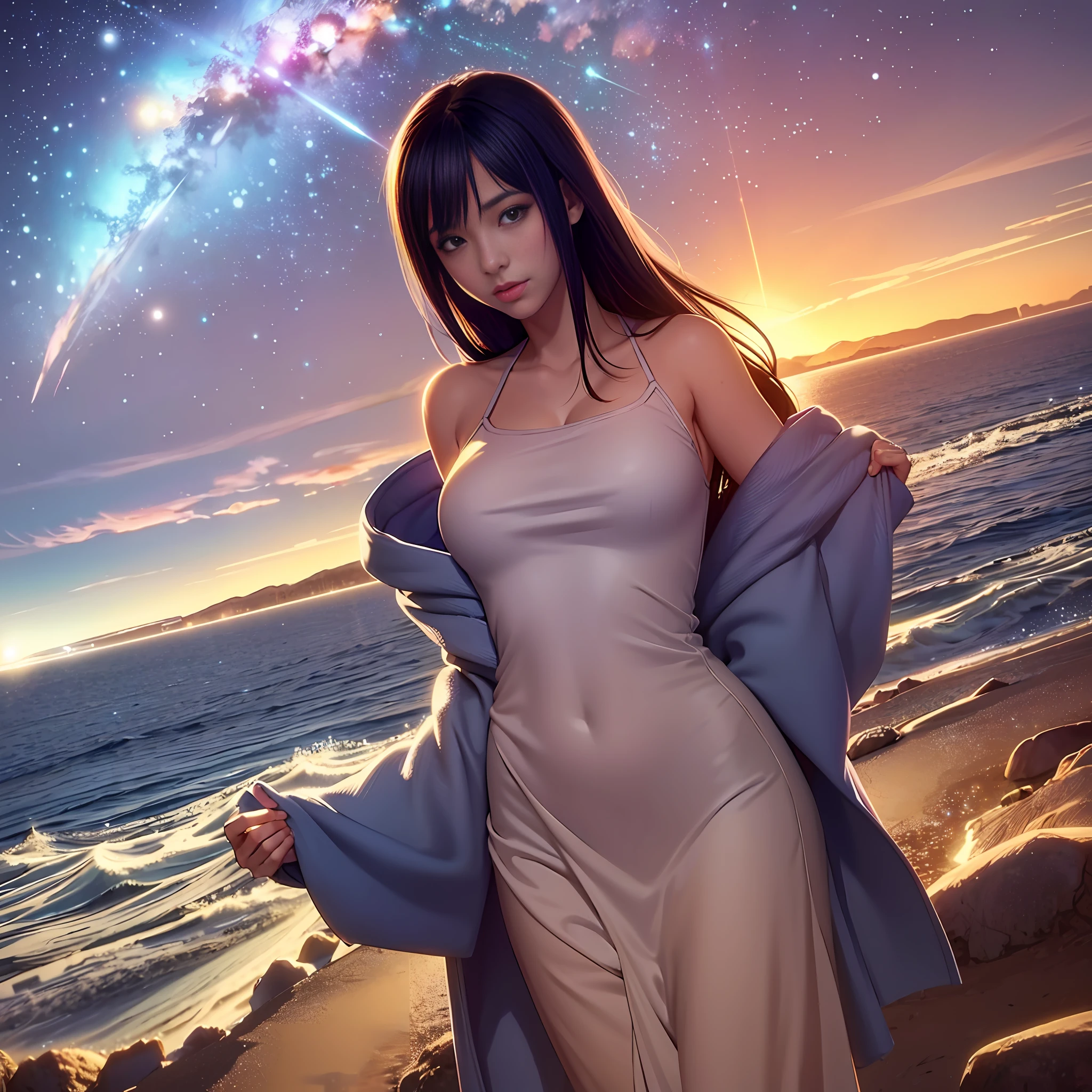 1 girl, eye, close up, beautiful night sky, meteor shower, beyond the clouds, water surrounded, reflections, wide angels, breathtaking clouds, wide angle, by makoto shinkai, thomas kinkade, james gilleard, by holosomnialandscape, hdr, volumetric lighting, ray tracing, an intricate, high details, very detailed, deviantart, 4k vertical wallpaper,
colorful, airy, anime illustration, anime nature wallpaper