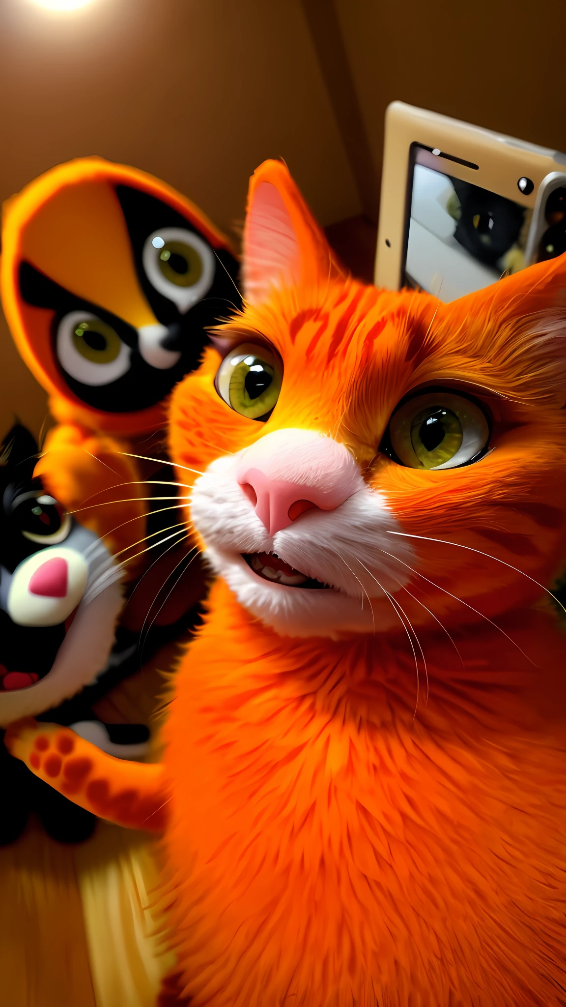 A Muppet cat facing the camera, !!, the cat is orange, with a big head and big eyes, accidentally taking a selfie, looking at the camera, !!!! forest in the background with birds !!!!, cat style muppet doll