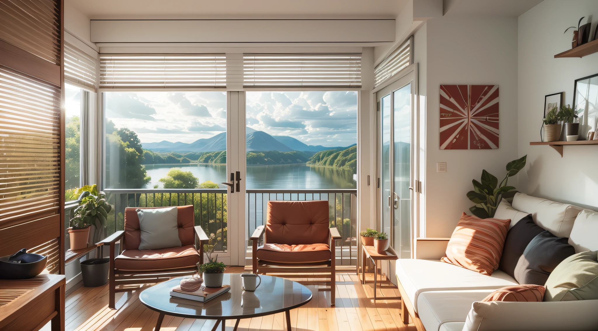 porch room with tables and chairs overlooking the river, counter-type tables for the separation of two environments, Scandinavian décor with bright wood panels (mixing plates and slats), brown leather sofas without cushions, LED TV with wood panels, lamps with square spots in rail-type electrified grooves, red wall with frame illuminated with directional square spots, high shelves along the wall with pendant plants, 8K, ultra-detailed and soft light coming in through balcony door, lens flare, photorealistic, wide-angle lens, warm color temperature, diffuse and white external brightness --auto --s2