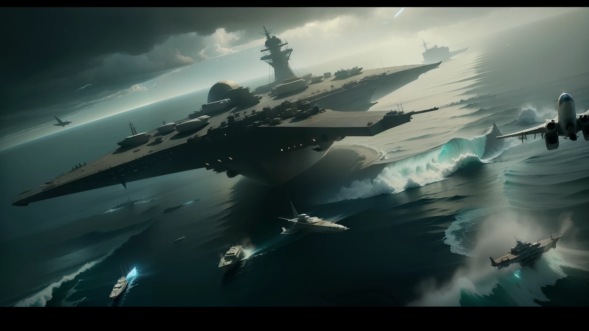 araffes and a plane flying over a ship in the ocean, in a star wars sequel, volumetric lighting : :, mutiversal tsunami, movie promotional image, epic scene full of computers, inspired by Louis-Léopold Boilly, sideshow collectibles, screengrab, uss nimitz --auto --s2