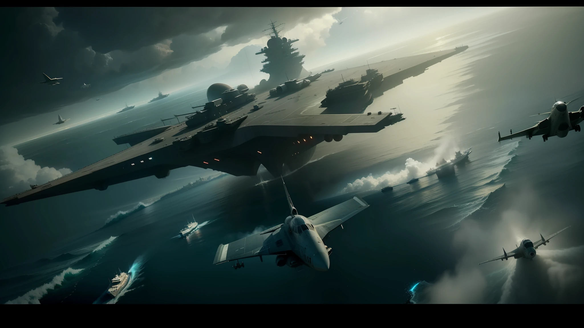 araffes and a plane flying over a ship in the ocean, in a star wars sequel, volumetric lighting : :, mutiversal tsunami, movie promotional image, epic scene full of computers, inspired by Louis-Léopold Boilly, sideshow collectibles, screengrab, uss nimitz --auto --s2