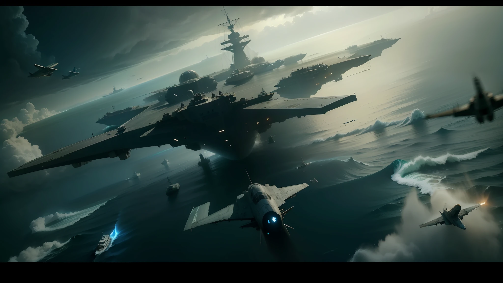 araffes and a plane flying over a ship in the ocean, in a star wars sequel, volumetric lighting : :, mutiversal tsunami, movie promotional image, epic scene full of computers, inspired by Louis-Léopold Boilly, sideshow collectibles, screengrab, uss nimitz --auto --s2