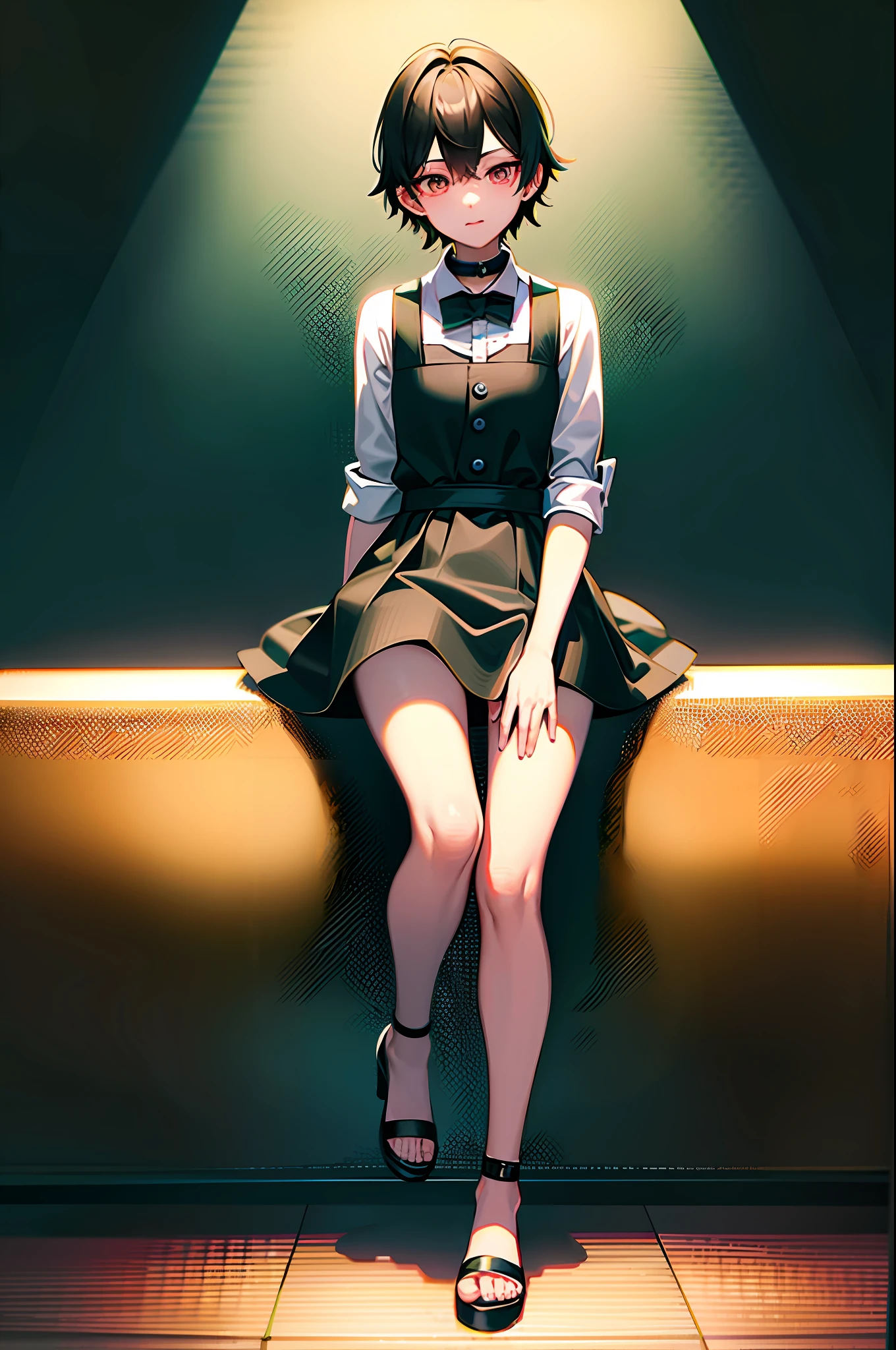 Best quality, super high resolution, 1boy, black collar, cute ((puffy eyes)), looks in front of the viewer, full body, facing forward