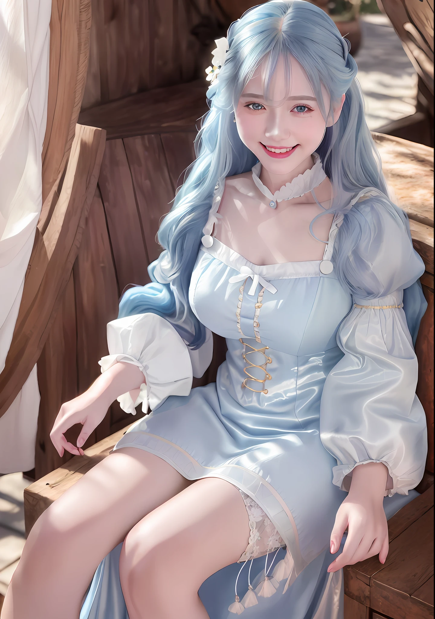 Dreamlikeart,, (best quality), ((photo-realistic)), ((realistic)), (ultra detailed: 1.3), ((cinematic color grading)), (extremely detailed skin), 1girl, , smile, warm sunlight, white teeth, [teeth] Doll of a noblewoman with long strong blue hair and blue eyes and white dress