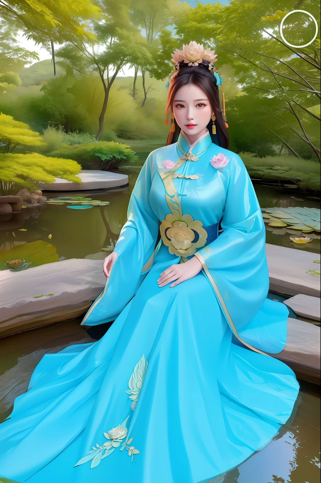 An ancient Chinese beauty, turquoise dress, sitting on a large lotus leaf, lotus, sunshine, clear face, masterpiece, super detailed, epic composition, high quality, highest quality, 4k --v 6
