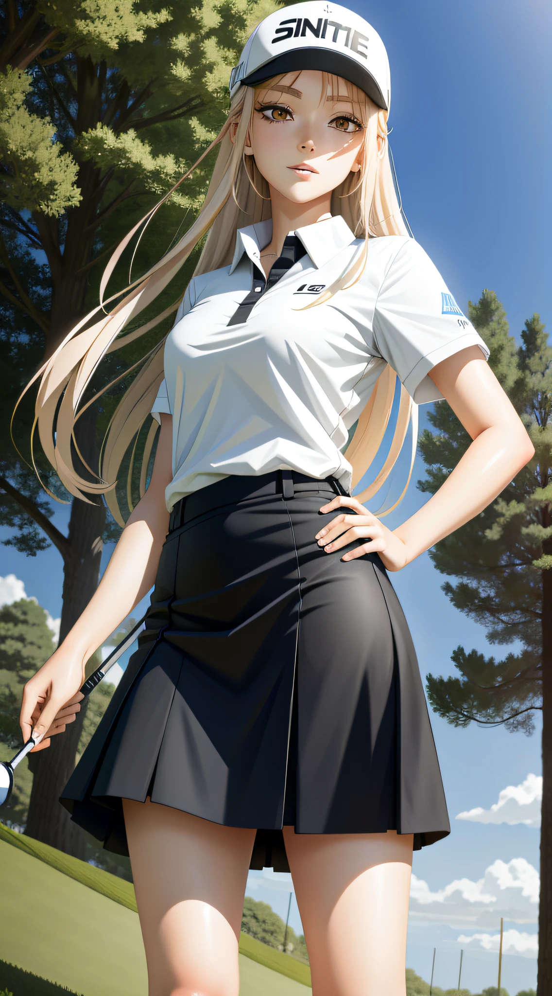 anime, long hair, sports, golf, best quality, slender figure, golf course, short skirt,