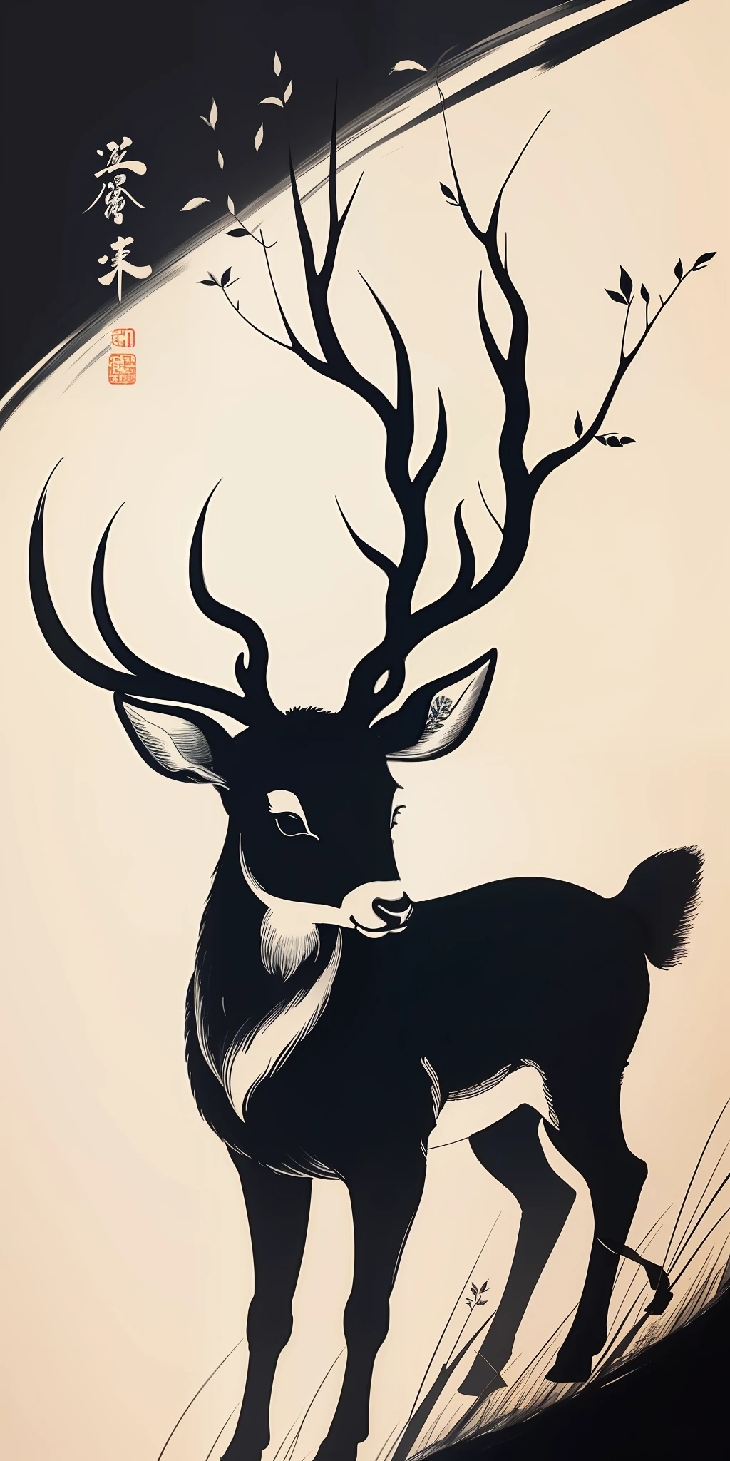 (masterpiece, best quality: 1.2), shukizuma, negative space, shuimobysim, traditional Chinese ink painting, tous, deer and grass, peaceful, (smile), looking at the viewer,