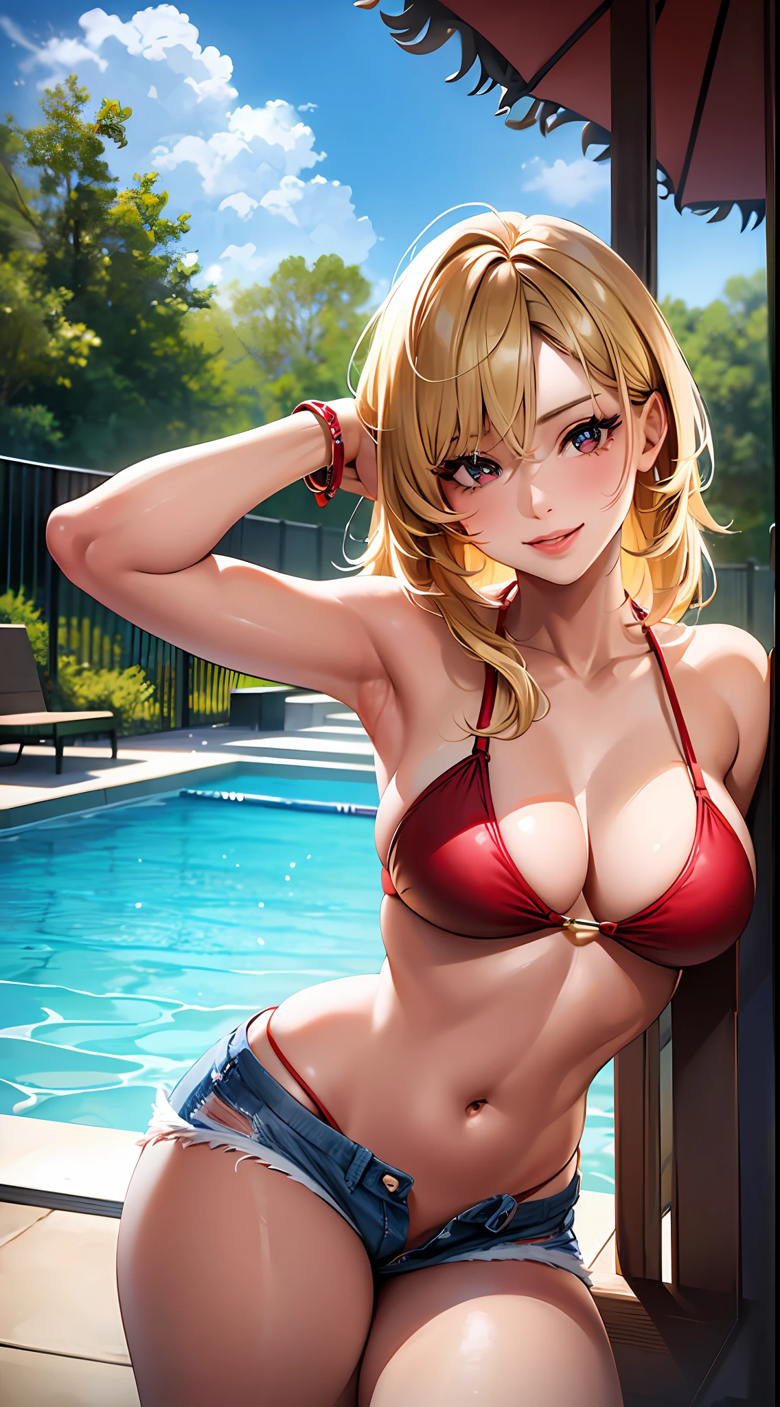 1girl, masterpiece, best quality, medium full shot, blonde medium straight hair, (red bikini, jean shorts, lips, busty, sexy body, erotic pose, pov), smiling, pool