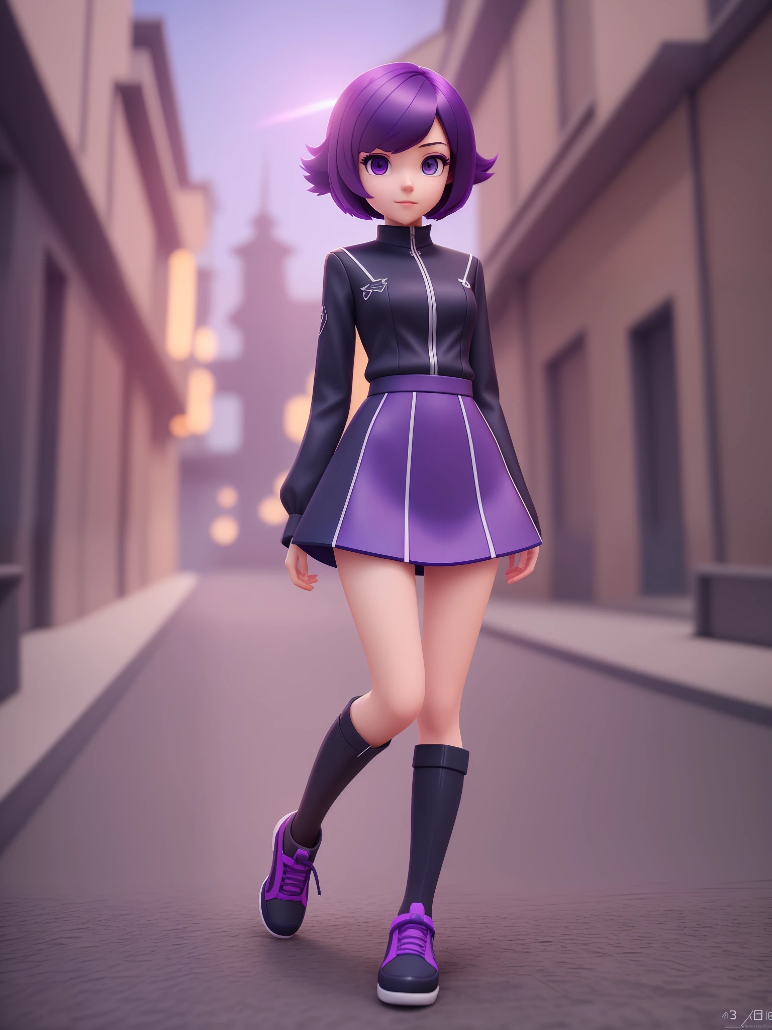 Young girl, a cartoon character light dark purple outfit, (short hair and dark blue), stylized character, animation character, stylized 3d render, 3d character, highly detailed character, stylized anime, stylized 3d, render character, character model, full body, maximum quality, selfie