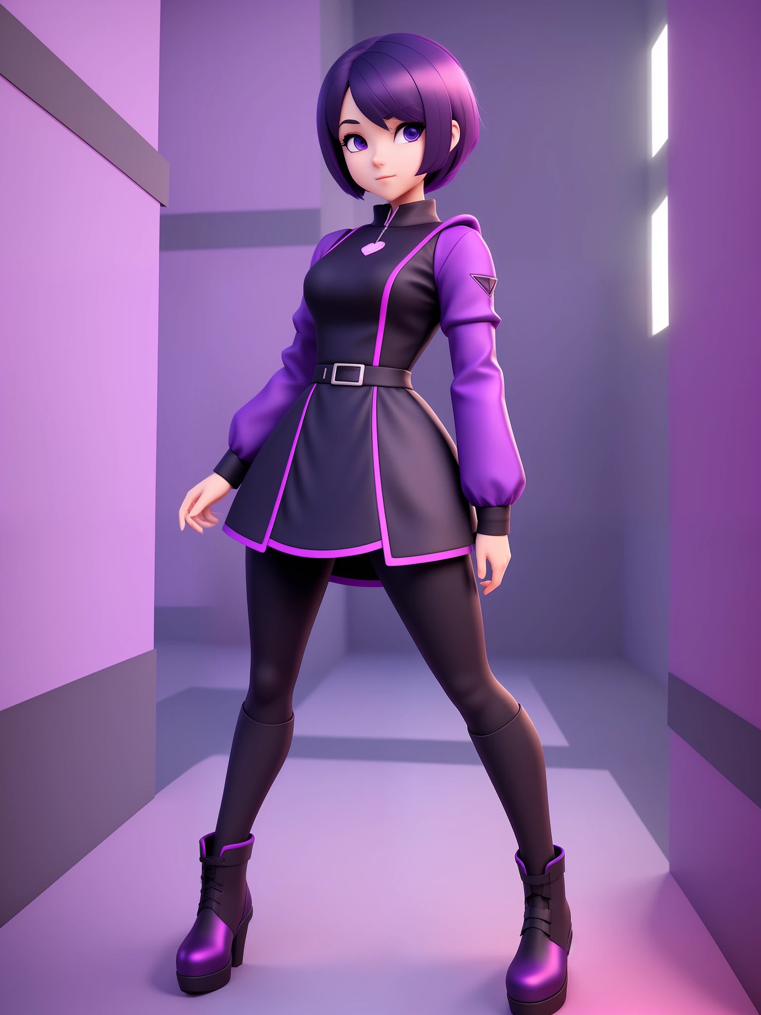 Young girl, a cartoon character light dark purple outfit, (short hair and dark blue), stylized character, animation character, stylized 3d render, 3d character, highly detailed character, stylized anime, stylized 3d, render character, character model, full body, maximum quality, selfie