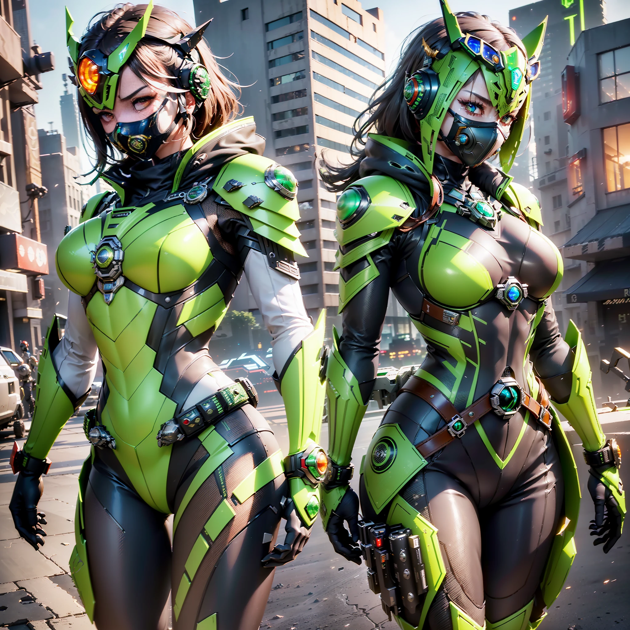 ((highest quality)), ((masterpiece)), (details: 1.4), 3D, 1girl, full-body image, image of a woman in a beautiful green flying locust cyberpunk suit, ((two tactile decorations on the forehead)),((Kamen Rider's belt)), (((Kamen Rider style)), headgear with the image of a flying locust, (((Mechanical full-face mask)), bust armor, red cyborg eyes, HDR, Ray Tracing, NVIDIA RTX, Super Resolution, Unreal 5, Subsurface Scattering, PBR Texturing, Post-Processing, Anisotropic Filtering, Depth of Field, Maximum Clarity and Sharpness, Multilayer Textures, Albedo and Specular Maps, Surface Shading, Accurate simulation of light-material interaction, slender body, perfect proportions, sharp eyeliner, (full body)), sharp focus, ocane rendering, two-tone lighting, wide aperture, low ISO, white balance, rule of thirds, 8K RAW, circuit board AI, 4k, fog, night city background,