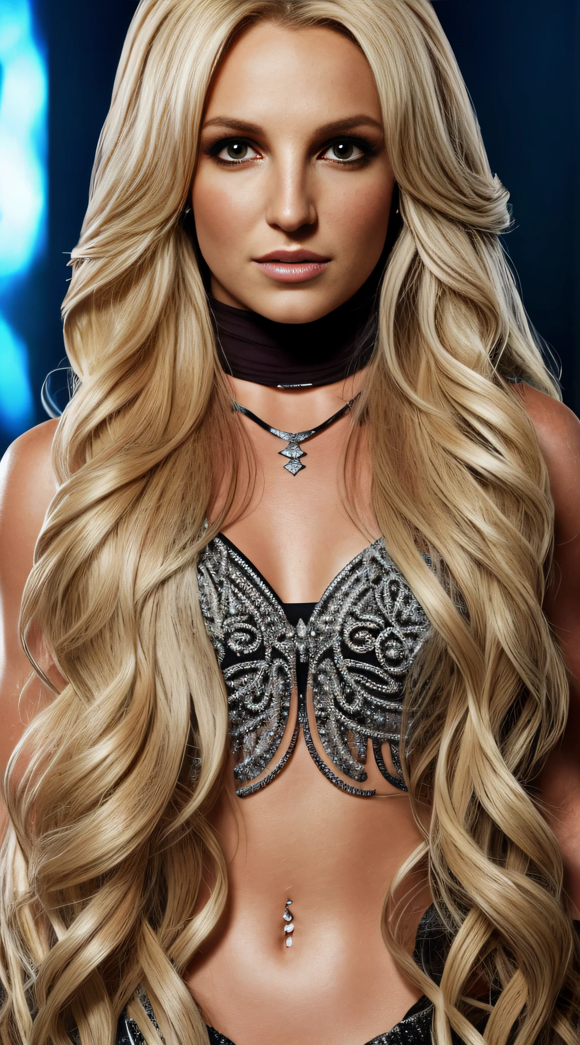 Photo of Britney Spears ,with long hair, with details, long hair, with details , accessories , inspired by Frost mortal kombat , WHOLE BODY texture 4K, high quality, beautiful hairstyle, 8k image, high image quality,