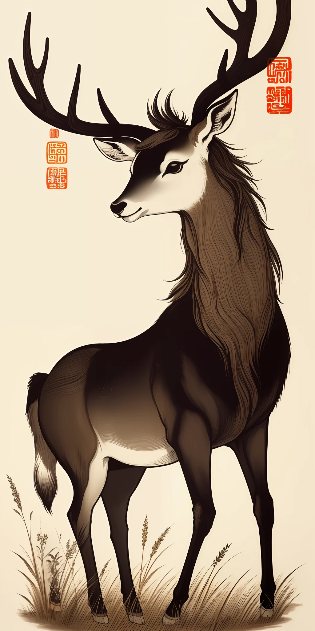 (masterpiece, best quality: 1.2), shukizuma, negative space, shuimobysim, ink painting, colorful traditional Chinese, tous, deer and grass, peaceful, (smile), looking at the viewer,